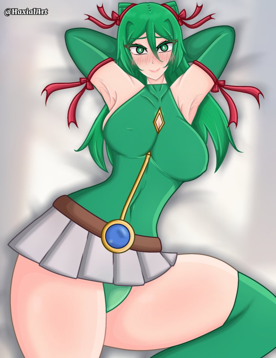 1girls armpits big_breasts blush breasts cestina_(grand_summoners) dakimakura goddess grand_summoners green_eyes green_hair haxial large_breasts long_hair royalty tagme