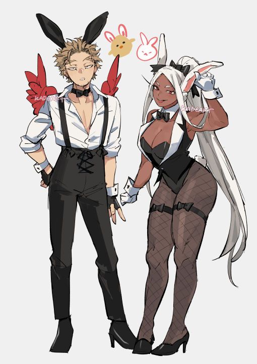 1boy 1girls blonde_hair blonde_hair_male boku_no_hero_academia bowtie bunny_ears bunny_girl bunnysuit butler fake_rabbit_ears female fingerless_gloves hawks_(my_hero_academia) kadeart keigo_takami long_hair male male/female my_hero_academia ponytail rabbit_ears rabbit_girl red_wings rumi_usagiyama straight thick_thighs white_hair wings