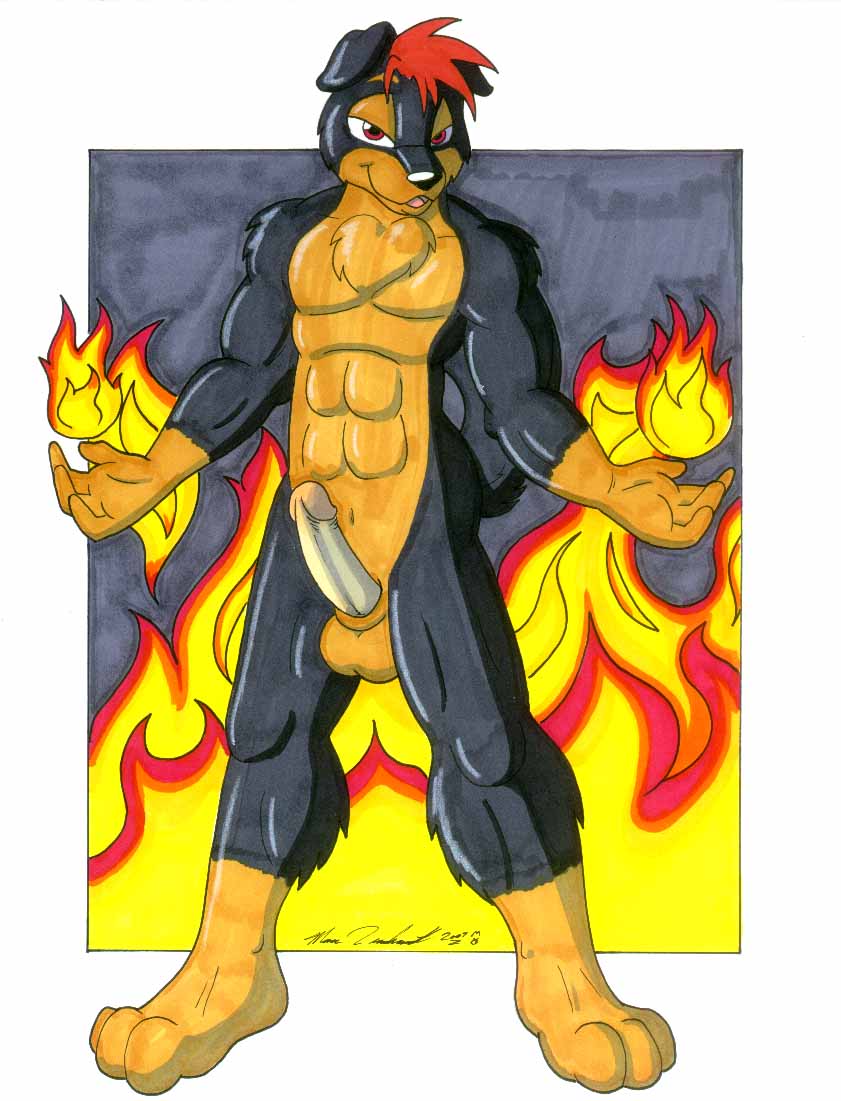 abs anthro canine chest_fur fire furry male marc_leonhardt penis rottweiler solo solo_male testicles