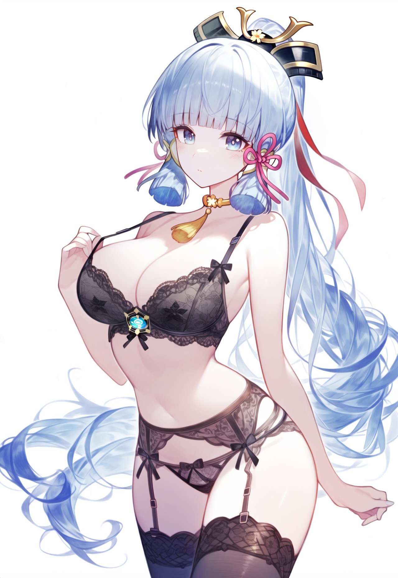 1girls ai_generated alternate_hairstyle belly_button blue_eyes blue_hair blunt_bangs blunt_tresses bra_pull closed_mouth female full_body genshin_impact hair_ornament hoyoverse kamisato_ayaka light_blue_hair lingerie lingerie_only long_hair looking_at_viewer seiza setsuaiart shirt sitting slim_waist smile solo thighs very_long_hair wide_hips