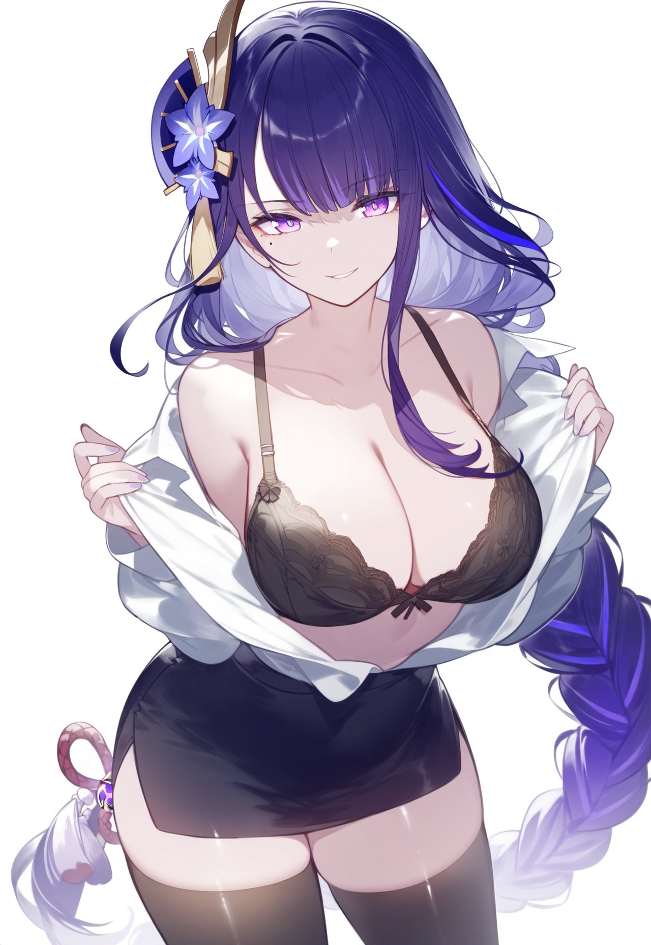 ai_generated ass big_breasts bra braided_hair breast_press breast_squeeze earrings genshin_impact hoyoverse huge_breasts lingerie long_hair looking_at_viewer purple_eyes purple_hair raiden_shogun setsuaiart setsumanga shirt_down shirt_removed sideboob slim_waist smile smiling_at_viewer thick_thighs tied_hair undressing wide_hips