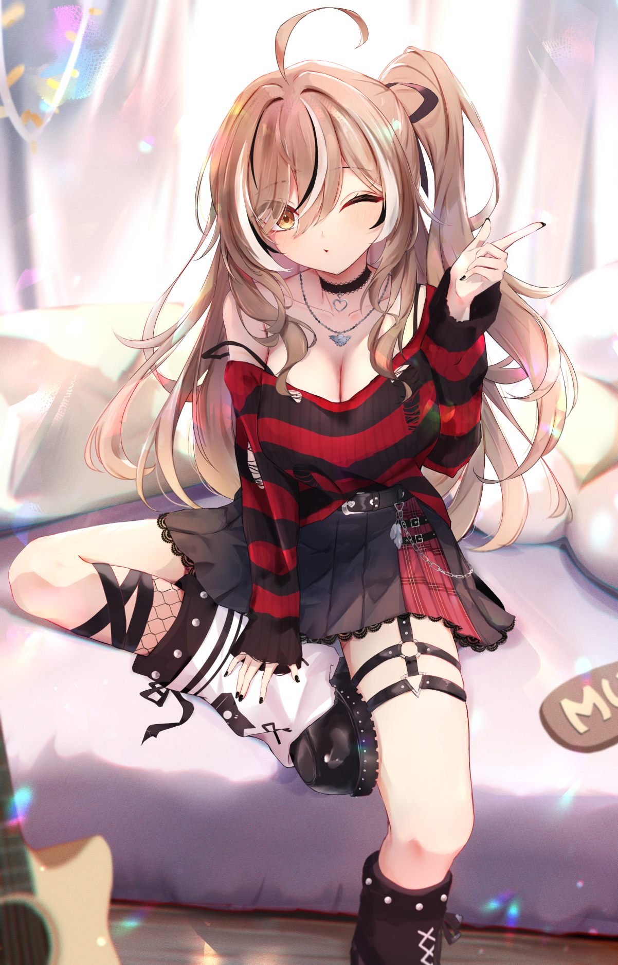 1girls, ahoge, artist request, black choker, blush, breasts, brown eyes, brown hair, female, hololive, hololive english, hololive english -council-, hololive english -promise-, large breasts, long hair, multicolored hair, nanashi mumei, nanashi mumei (emo), one eye closed, one side up, open mouth, sitting, solo, straight hair, thighs, virtual youtuber, white hair