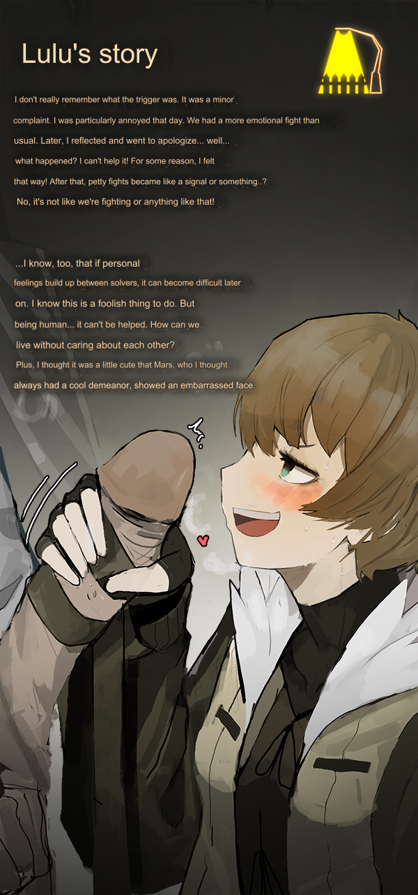 1boy1girl artist_request blush brown_hair clothed_female english_text gloves grey_background handjob library_of_ruina lulu_(library_of_ruina) machine_translated male mars_(library_of_ruina) project_moon smug story translated unknown_artist