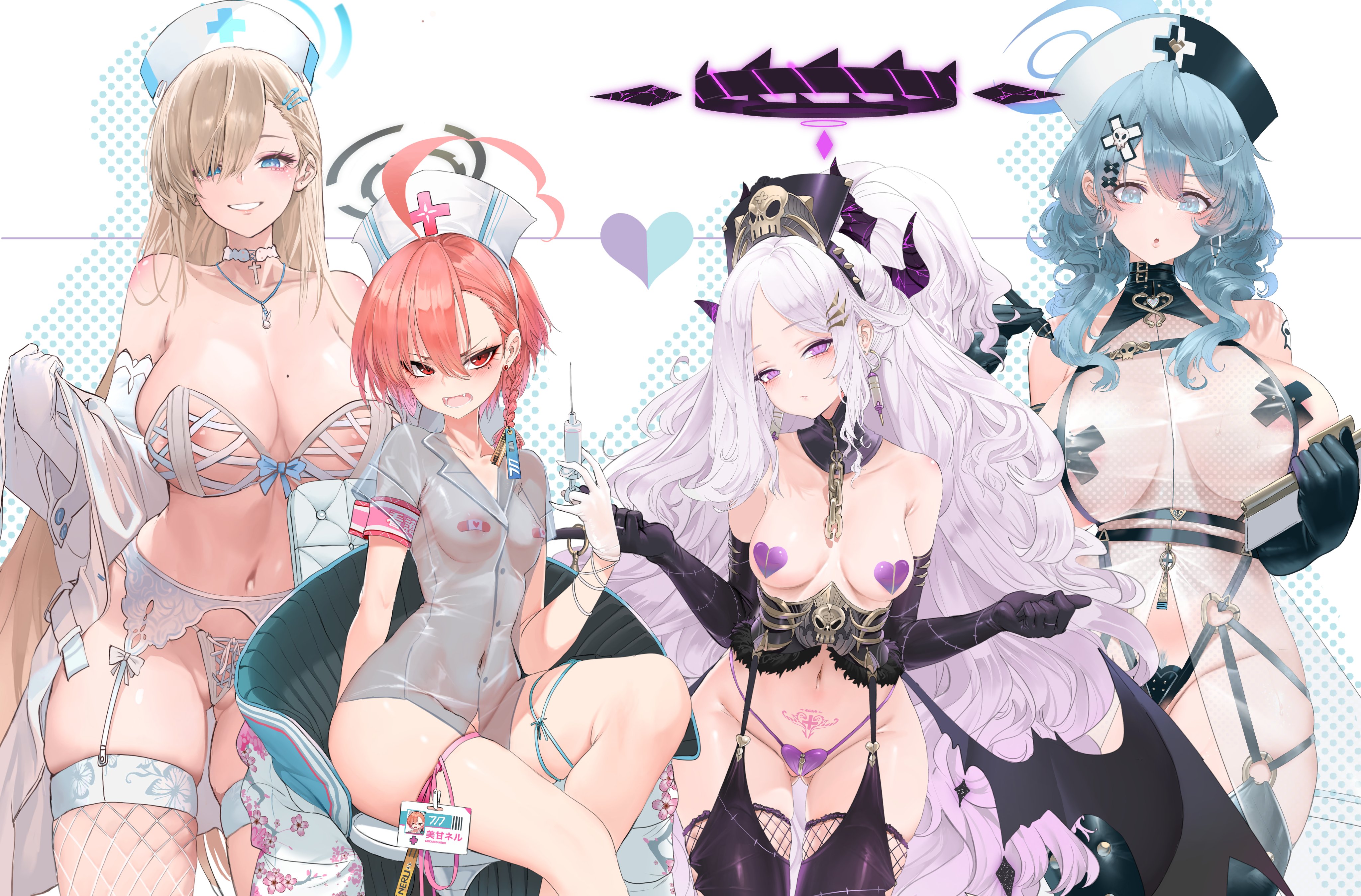 4girls, ako (blue archive), asuna (blue archive), blonde hair, blue archive, blue hair, breast size difference, breasts, cleaning & clearing (blue archive), dishwasher1910, female, gehenna academy student, heart pasties, hi res, hina (blue archive), huge breasts, light skin, light-skinned female, lingerie, long hair, looking at viewer, millennium science school student, naughty face, neru (blue archive), nurse, nurse cap, nurse outfit, pasties, prefect team (blue archive), red hair, revealing clothes, see-through, short hair, sideboob, small breasts, syringe, white hair, x pasties