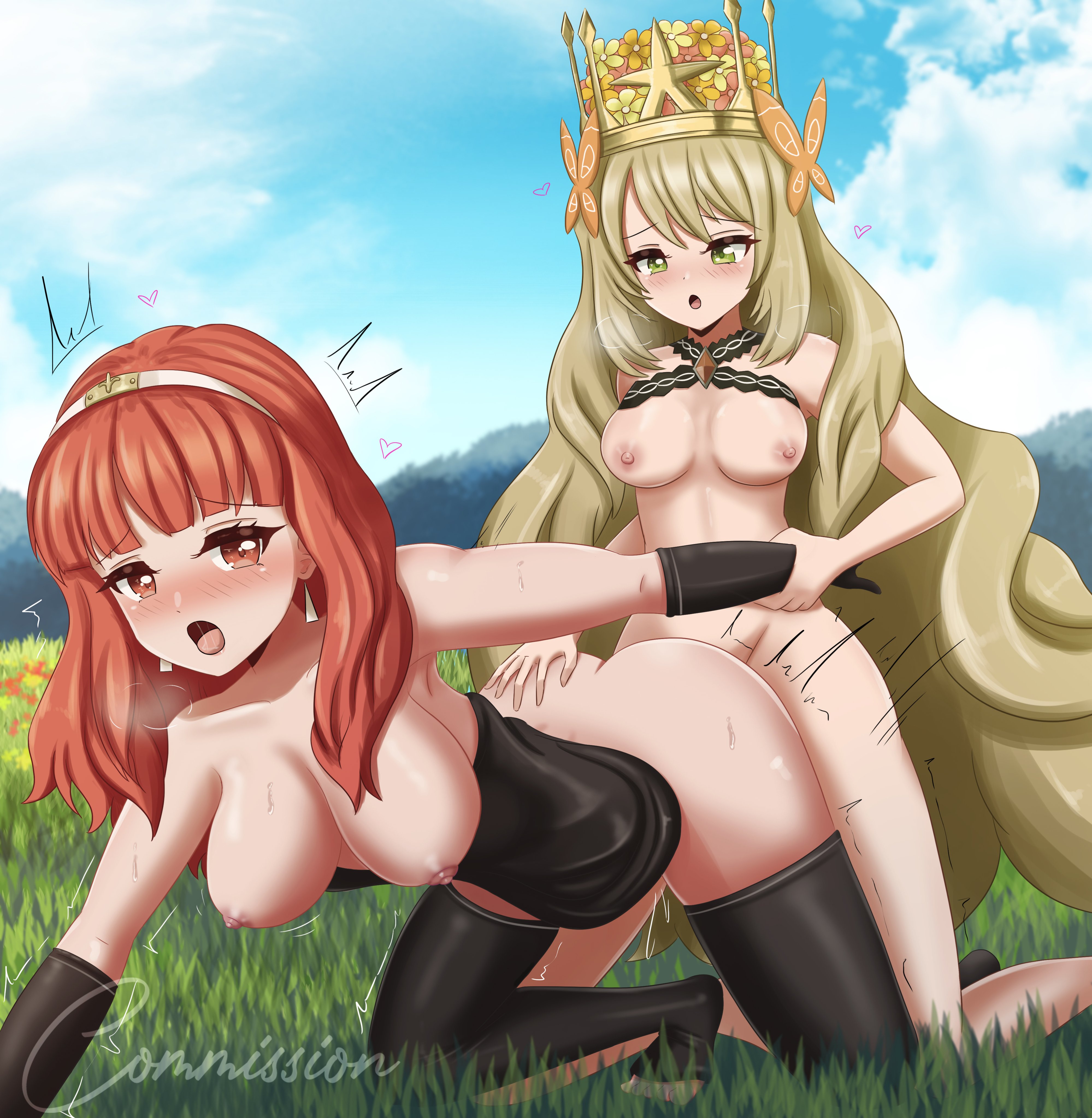 1futa, 1girls, areolae, arm grab, bent over, blonde hair, breasts, celica (fire emblem), celine (fire emblem), danzfloor, doggy style, duo, female, fire emblem, fire emblem echoes: shadows of valentia, fire emblem engage, futa on female, futanari, green eyes, heart, implied futa, intersex, kneeling, large breasts, light skin, light-skinned female, light-skinned futa, long hair, medium breasts, naked thighhighs, nintendo, nipples, open mouth, orange eyes, orange hair, outdoor sex, outdoors, red hair, sex, sky, squatting, thighhighs