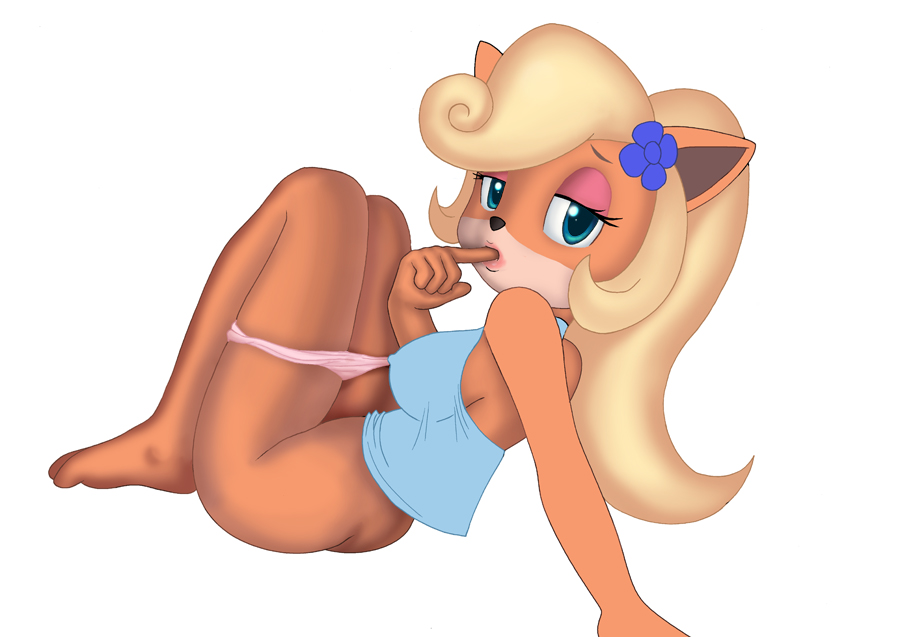 1girls 5_fingers anthro ass bandicoot barefoot bbmbbf beige_fur black_nose blonde_hair blue_eyes bottomless clothing coco_bandicoot color crash_(series) eyeshadow female female_only finger_in_mouth flower furry long_hair looking_aside looking_at_viewer makeup mammal marsupial orange_fur panties pointy_ears ponytail rear_view sitting solo tied_hair tricksta underwear white_background