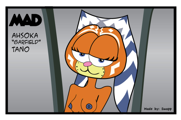 1girls ahsoka_tano big_breasts blue_eyes breasts cat english_text female female_focus female_only garfield_(series) jedi jedi_padawan looking_at_viewer mad_(series) mad_magazine nipple nipples orange paws,_inc. smile solo star_wars sudoku_(mad) swapp text togruta watermark