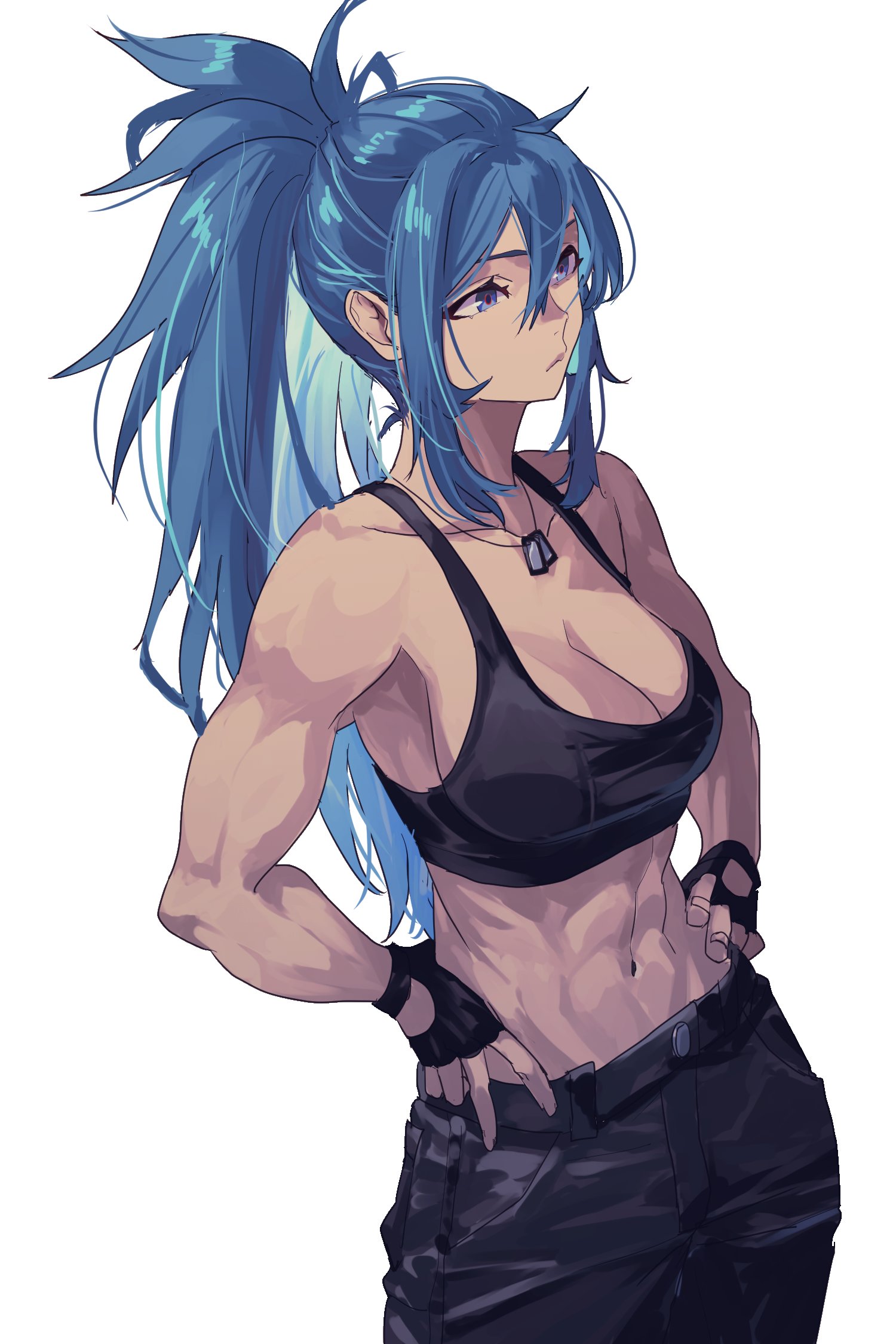 1girls, abs, bare shoulders, belt, black pants, black tank top, blue eyes, blue hair, breasts, cleavage, crop top, dog tags, female, female only, fingerless gloves, gloves, hands on own hips, highres, king of fighters, large breasts, leona heidern, long hair, midriff, muscular, muscular female, navel, pants, ponytail, rasetsu, sleeveless, soldier, solo, tank top