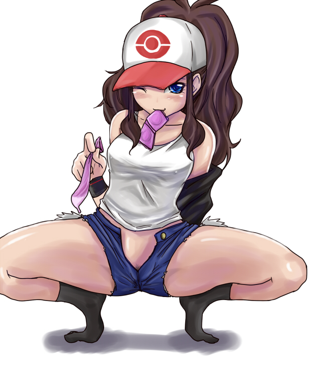 baseball_cap blue_eyes blush breasts condom condom_in_mouth denim_shorts female female_only footwear hat hilda_(pokemon) human human_only nintendo nipple_bulge nipples pokemon pokemon_bw shorts socks solo squatting undressing unzipped used_condom wink yuutai