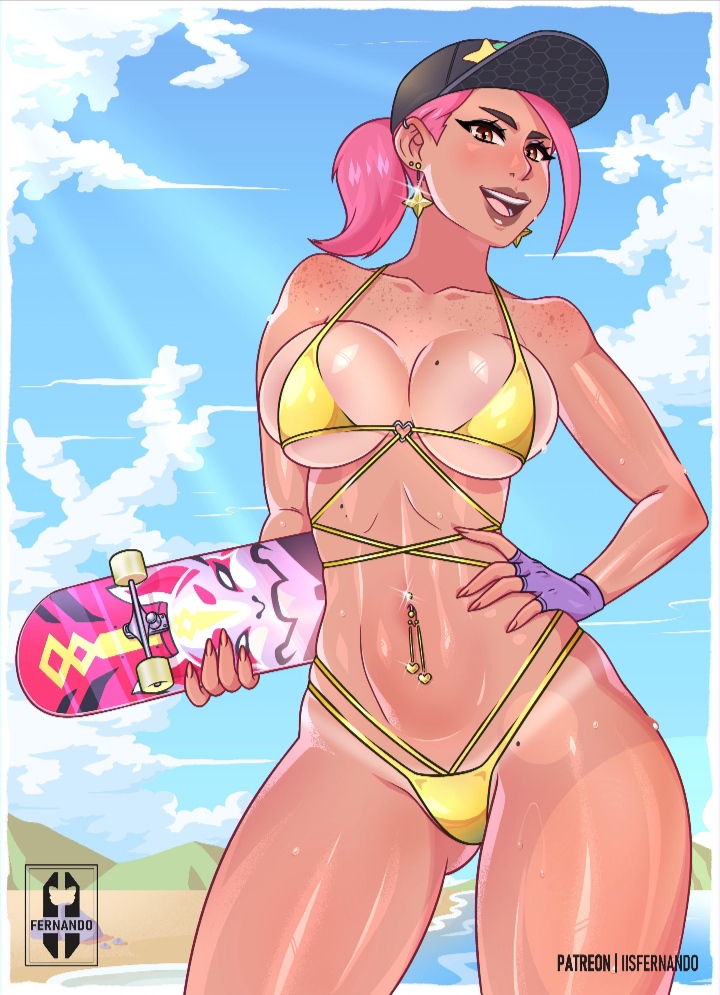 1girls beach beach_bomber bikini_tan blue_sky brown_eyes cloud contrapposto cowboy_shot day daytime ear_piercing facing_viewer fingerless_gloves fortnite freckles freckles_on_chest freckles_on_shoulders gloves high_ponytail iisfernado micro_bikini mole_on_breast mole_on_chest mountainous_horizon navel_piercing ocean outdoors pink_hair ponytail purple_gloves smile solo standing yellow_bikini