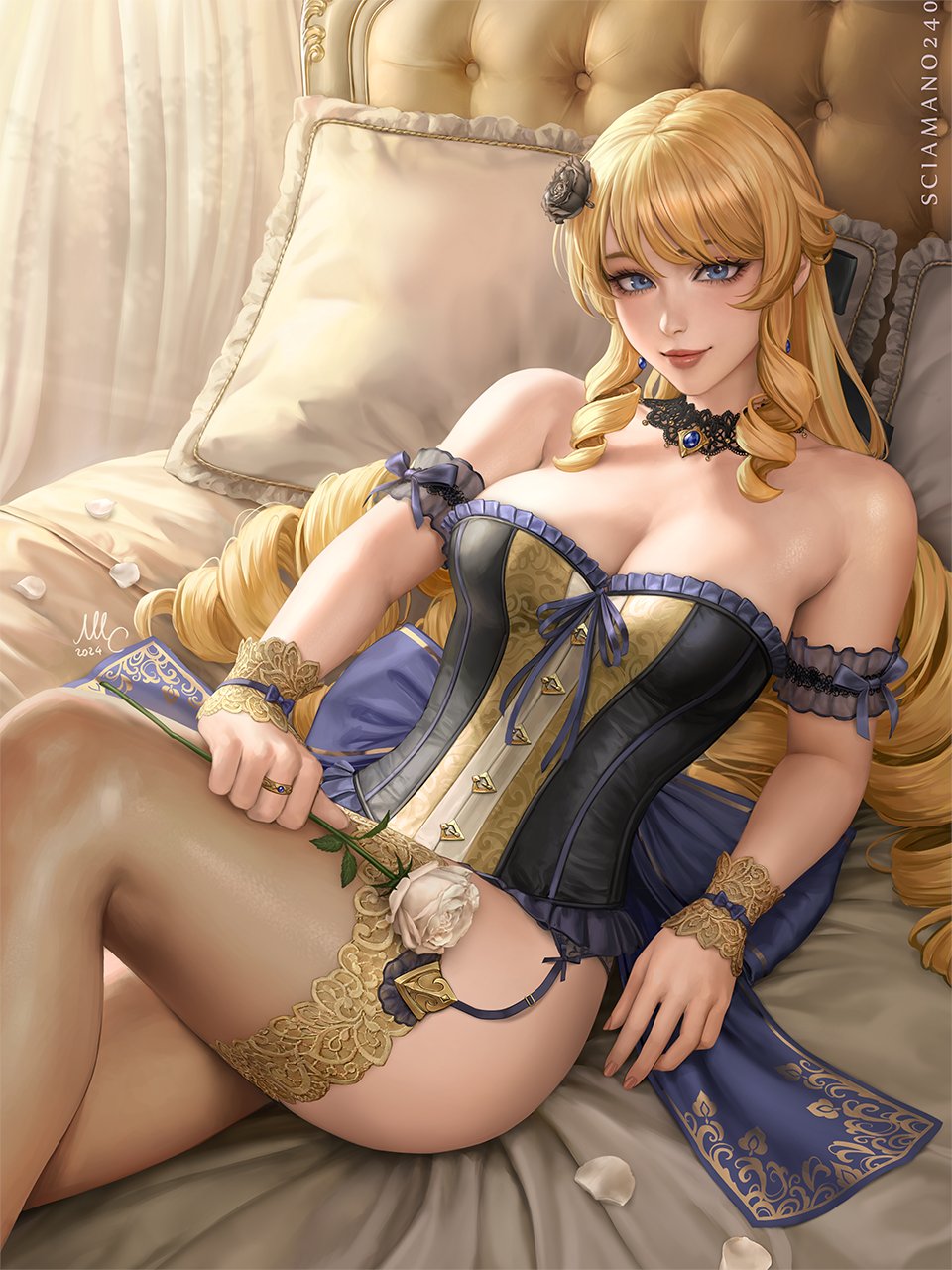 bare_shoulders bed bedroom big_breasts blonde_hair blue_eyes choker cleavage corset elegant female female_only genshin_impact hoyoverse leaning_back leg_up lingerie lingerie_only long_hair looking_at_viewer lying_on_bed medium_breasts navia_(genshin_impact) necklace pillow ring sciamano240 sitting sitting_on_bed sleeveless slim_waist smile smiling_at_viewer stockings thick_thighs thigh_highs thighhighs underwear wide_hips