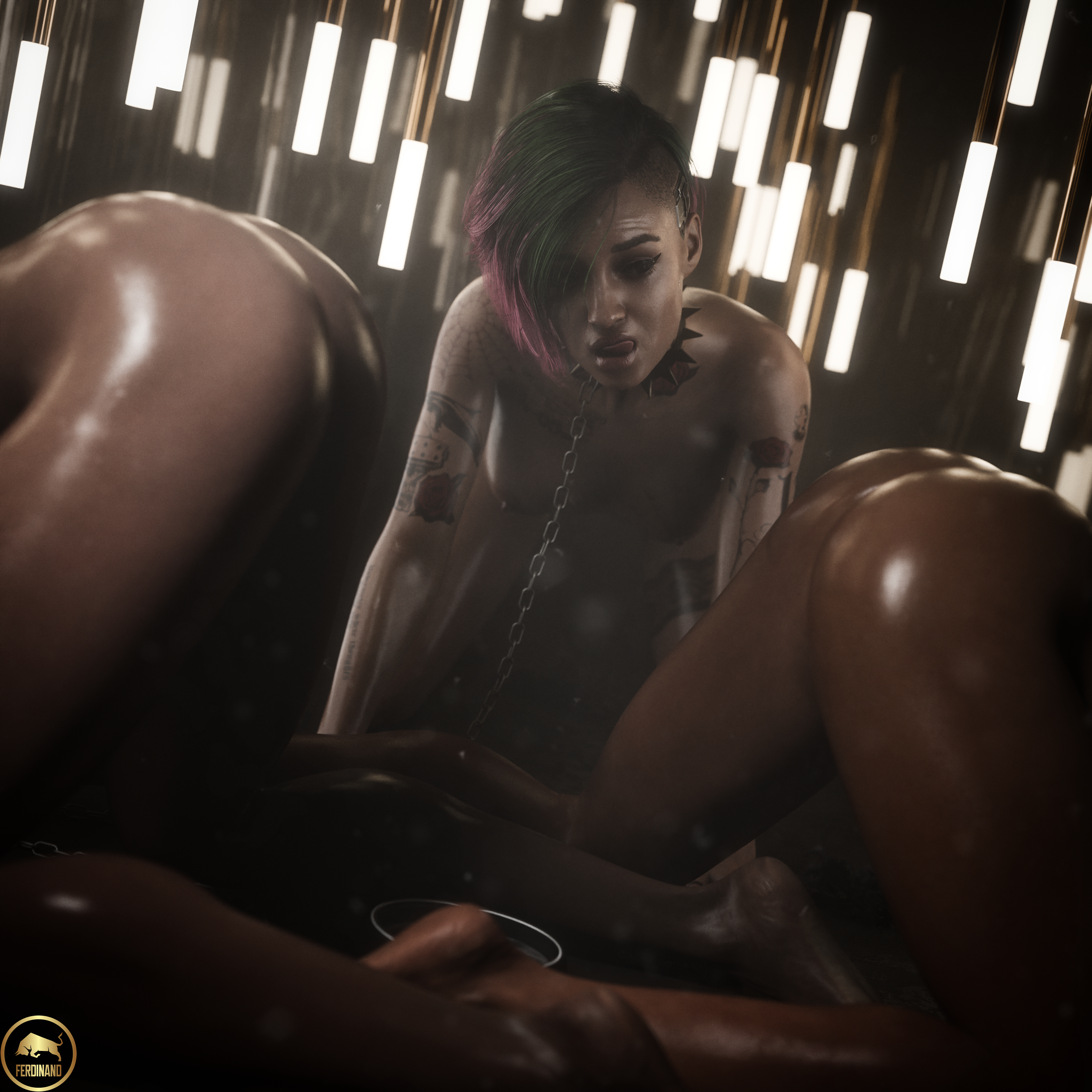 3d, blender, chained, chains, cyberpunk 2077, female, female only, ferdinand (artist), judy alvarez, nude, nude female, pet, petplay, slave, wet body, wet skin