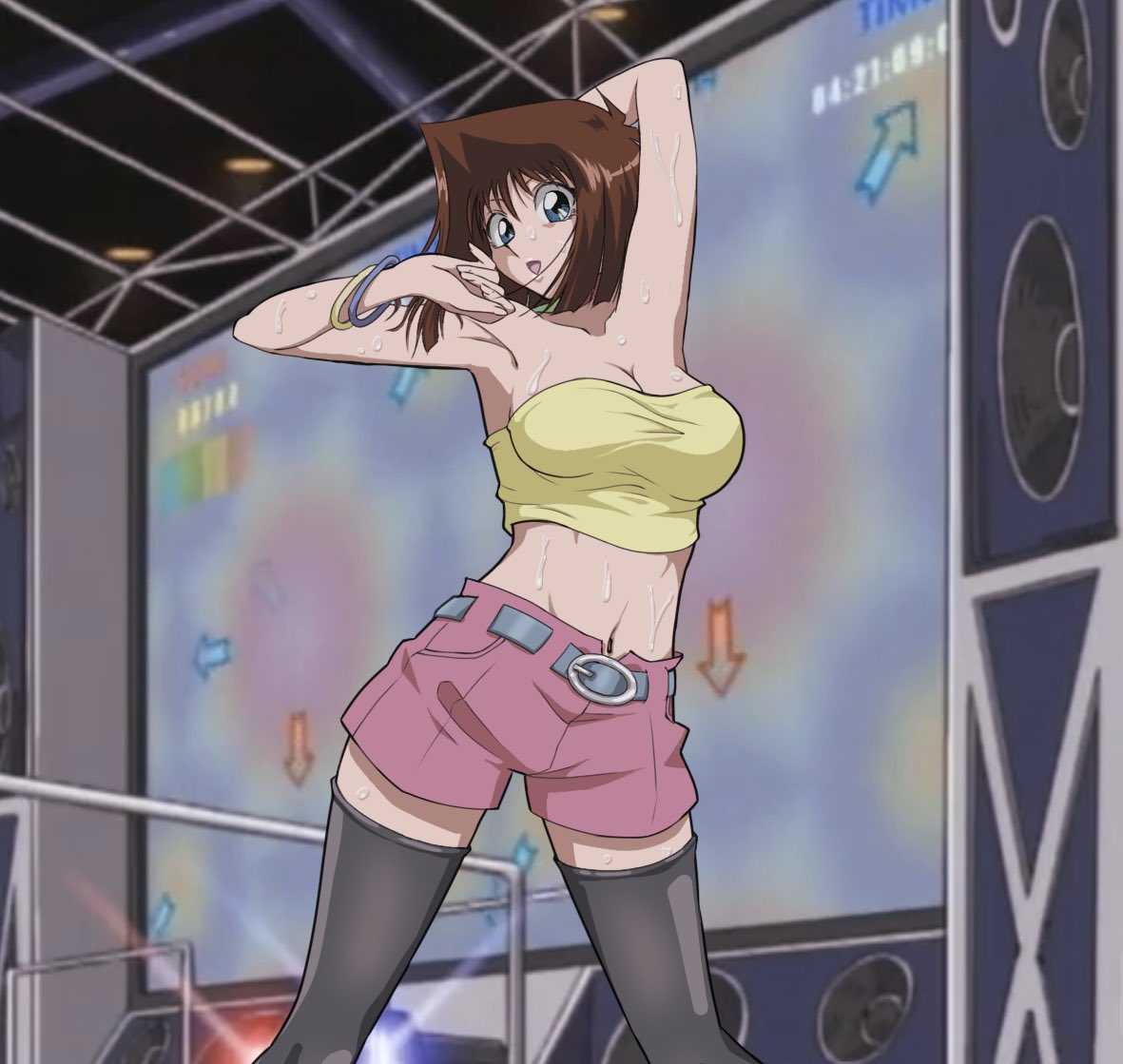 1girls arcade armpits breasts brown_hair cleavage crop_top dancing female large_breasts midriff short_hair shorts solo sweat sweating sweaty_body tea_gardner thighhighs yu-gi-oh!