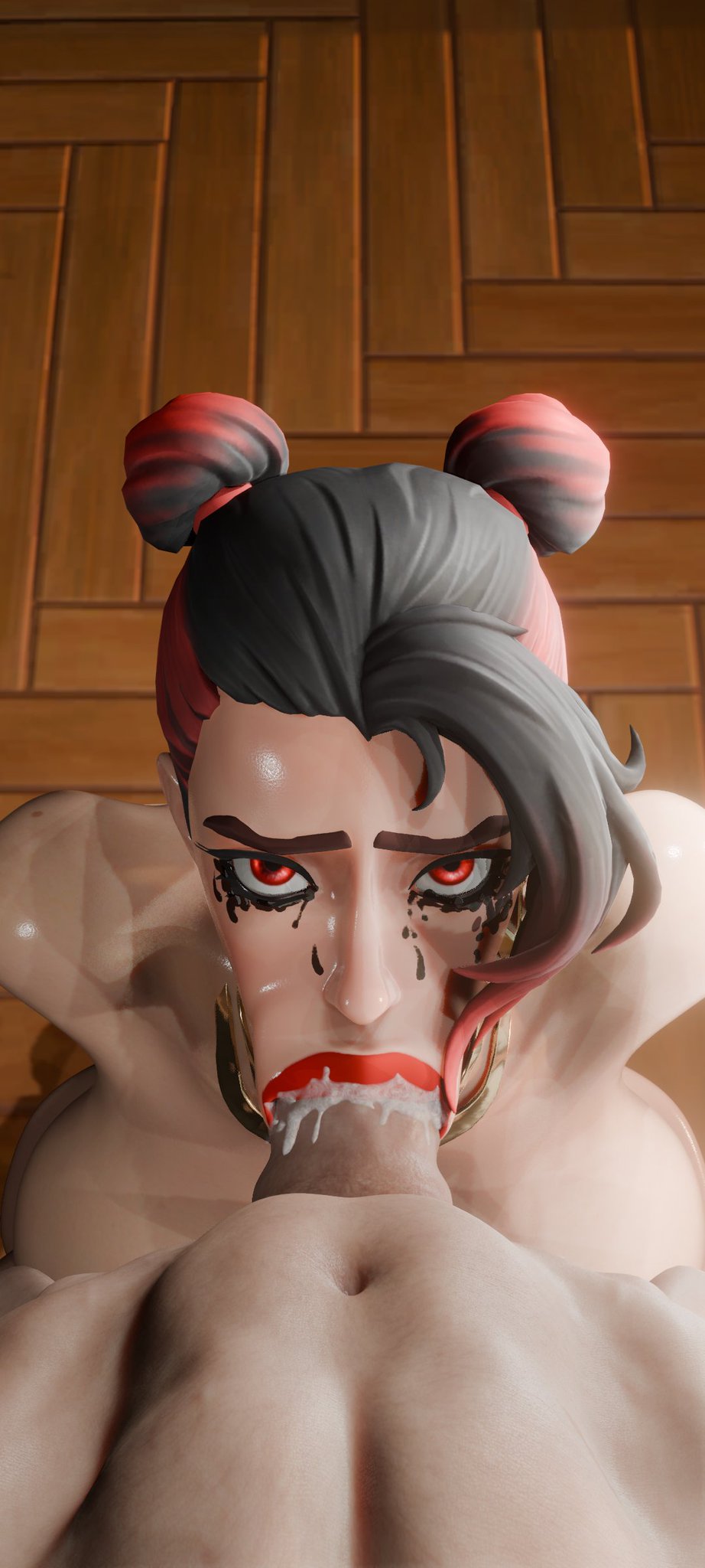 :>=, 1girls, 3d, 3d (artwork), blowjob, blowjob face, cum, cum in mouth, deepthroat, fellatio, female, forced oral, fortnite, lipstick, looking at viewer, mascara tears, rape, red eyes, runny makeup, tears, vacuum blowjob, vacuum fellatio, valeria (fortnite)