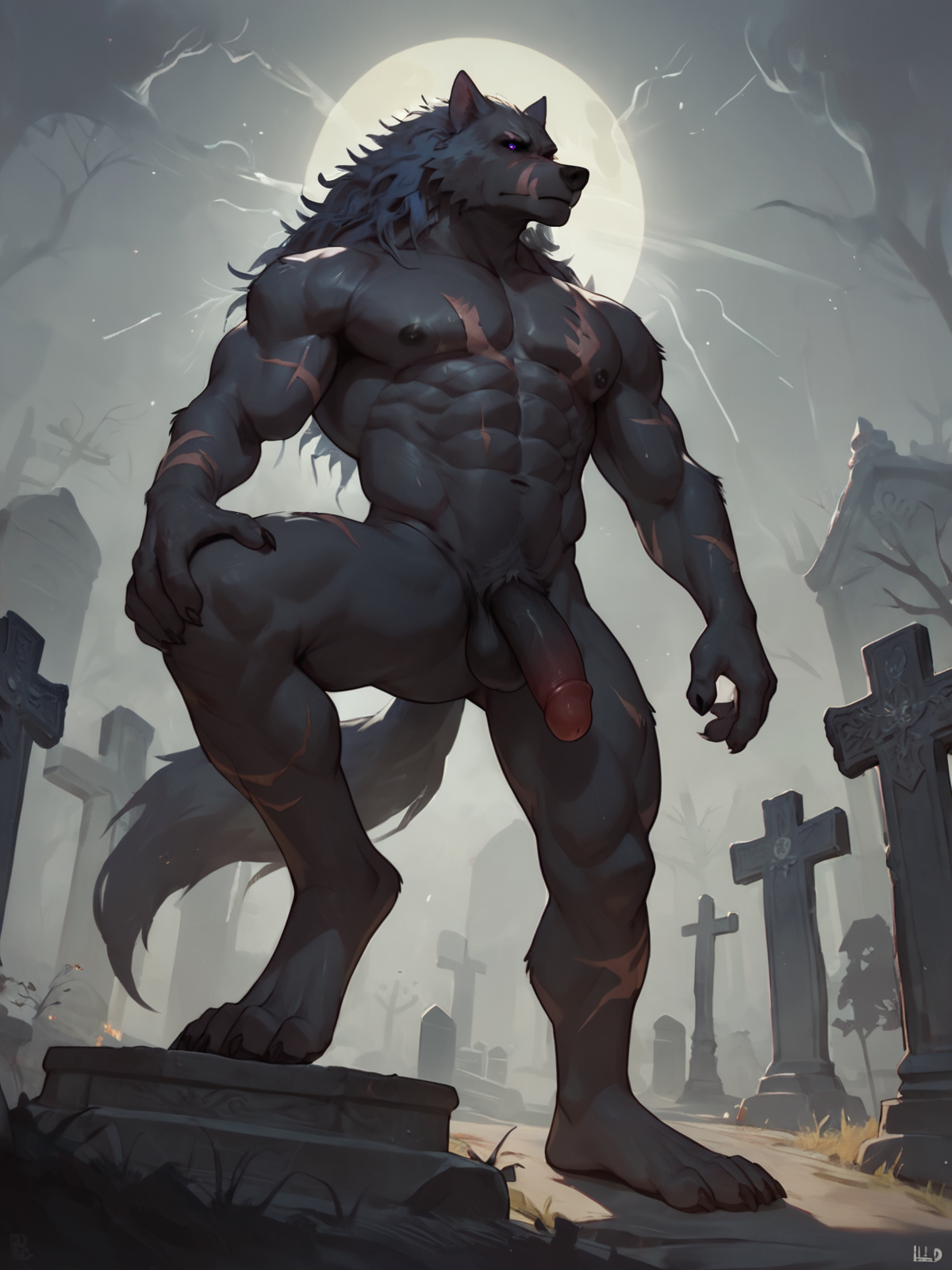 2024, ai generated, athletic, athletic male, balls, ballsack, blaidd (elden ring), blush, canid, canine, canis, digitigrade, elden ring, fangs, fromsoftware, glans, looking at viewer, looking back, lying, lying on side, male, male only, muscular, muscular male, nude, one leg raised, one leg up, penis, presenting, presenting balls, presenting penis, scars, soullesssludge, standing, tagme, tail, wolf