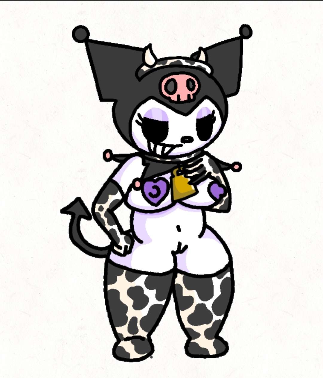 big_breasts breasts_covered cow_horns cow_print cow_print_legwear dara1n kuromi onegai_my_melody sanrio self_upload thick_thighs