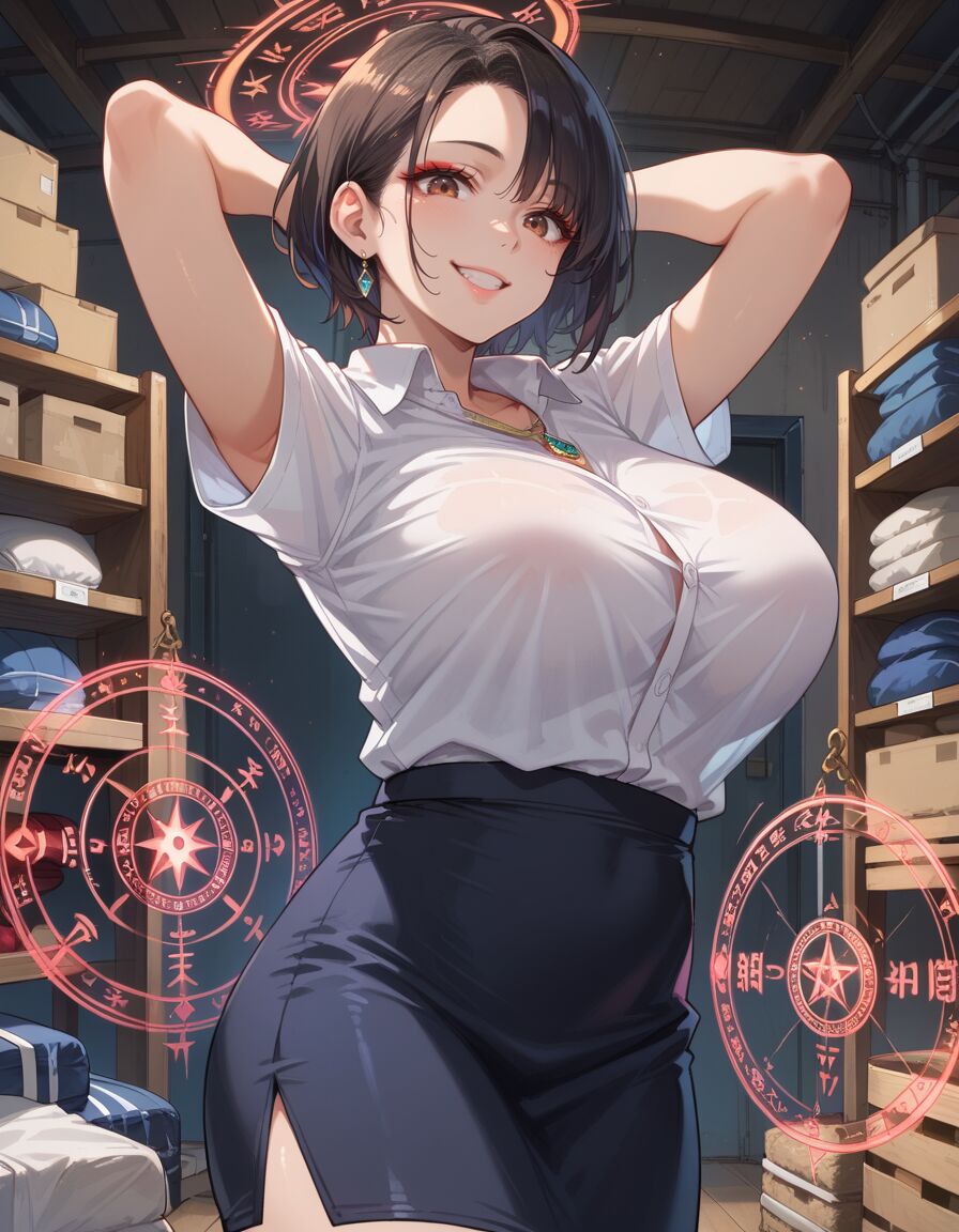 ai_generated curvy_figure gym historyia magic_circle miniskirt office_lady original original_character short_hair witch_gem_disaster