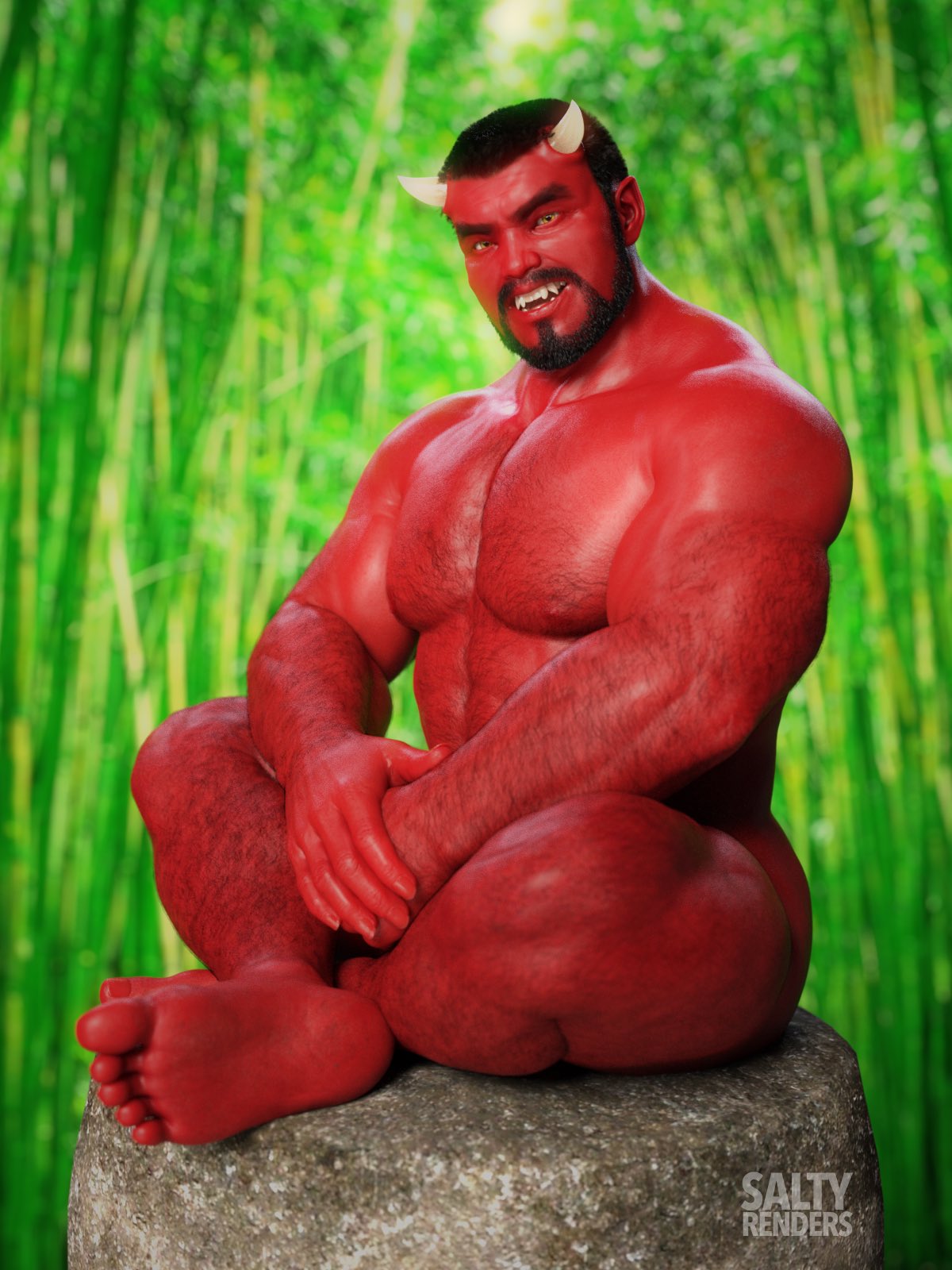 1boy 1human 1male 3d 3d_(artwork) 3d_model bamboo_forest bara bara_tiddies bara_tits black_hair flaccid flaccid_cock flaccid_penis looking_at_viewer male male_focus male_only muscular oc oni oni_horns oni_male original original_character red_penis red_skin saltyrenders setsubun smiling_at_viewer solo solo_focus solo_male