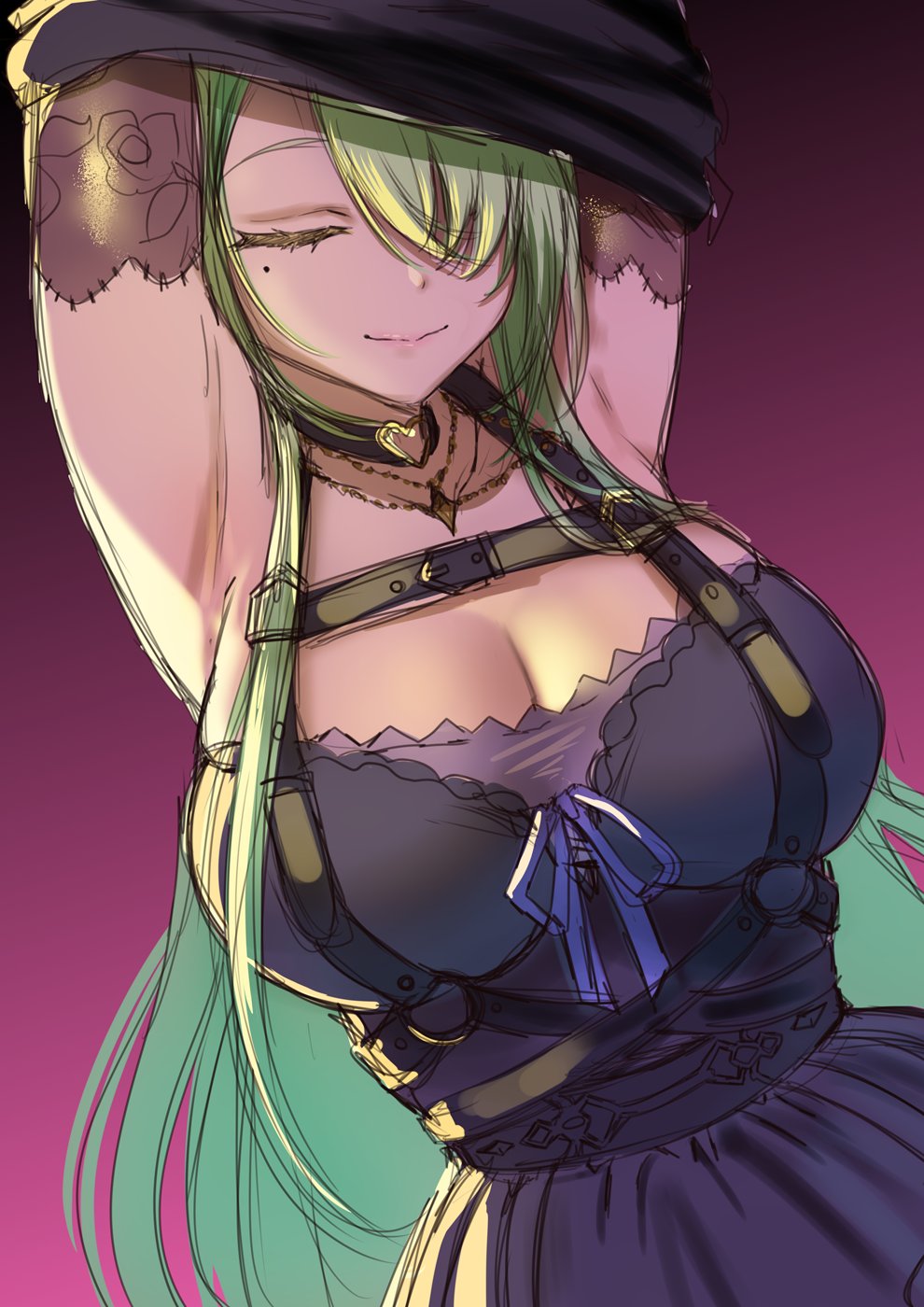 1girls, alternate version available, armpit, arms up, big breasts, breasts, ceres fauna, ceres fauna (goth costume), cleavage, closed eyes, colored, cute, female, goth, goth girl, hololive, hololive english, hololive english -council-, hololive english -promise-, large breasts, virtual youtuber