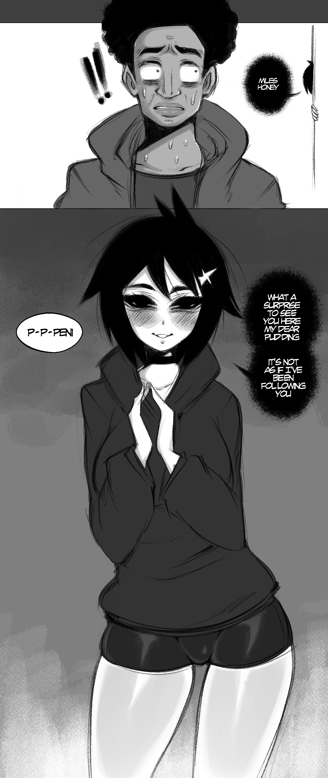 1boy, 1girls, aged up, asian, asian female, black hair, dark skin, dark-skinned male, female, light skin, light-skinned female, male, marvel, marvel comics, miles morales, peni parker, saltyxodium, shorts, speech, spider-man (series), spider-man: across the spider-verse, spider-man: into the spider-verse, thighs, yandere