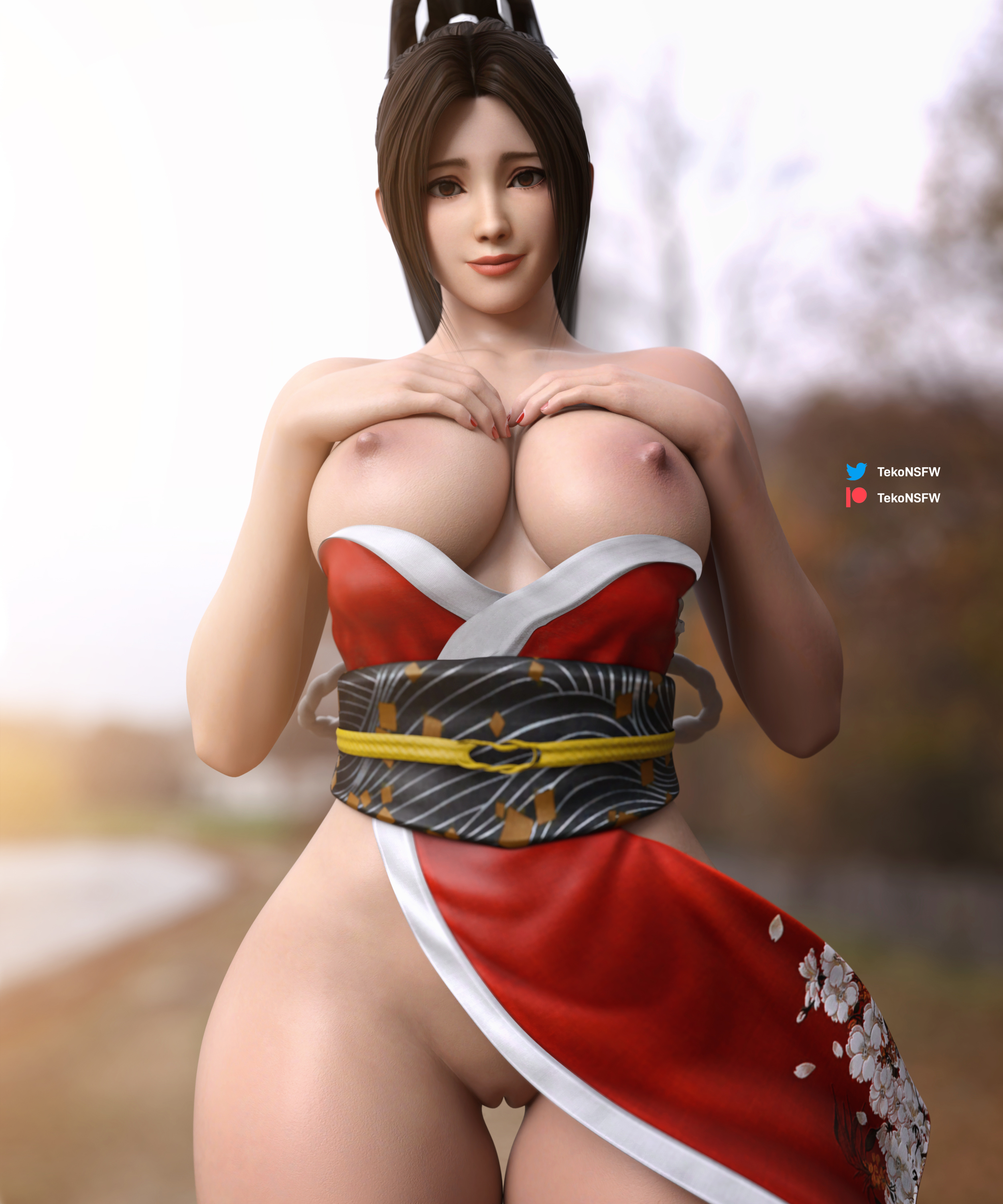1girls, 3d, big boobs, big breasts, boobs, breasts, fatal fury, female, female focus, female only, hands on breasts, king of fighters, large boobs, large breasts, looking at viewer, mai shiranui, pussy, smile, smiling at viewer, solo, solo female, solo focus, tekonsfw, thigh gap, thighs, vagina