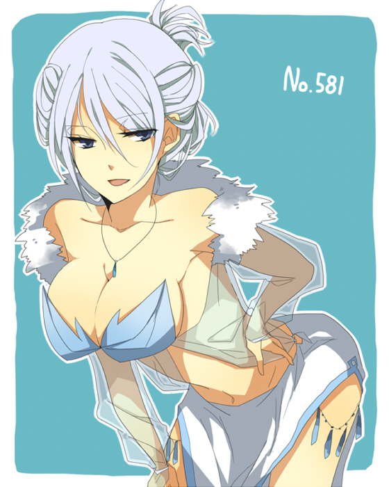 anthro bad_id bent_over breasts chika_(chikuwa) cleavage cosplay humanized_pokemon jewelry large_breasts moemon navel necklace nintendo open_mouth pokemon pokemon_(cosplay) pokemon_bw ponytail purple_eyes scarf see-through shell short_hair skirt smile swanna swanna_(cosplay) tied_hair white_hair