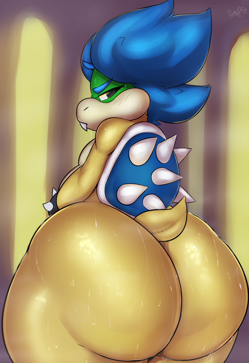 1boy 1femboy anthro ass big_butt blue_hair bracelet femboy feminine_male gay hair hi_res huge_ass huge_butt hyper hyper_butt indoors jewelry kingofacesx koopa koopaling looking_back ludwig_von_koopa male male_only mario_(series) nintendo scalie short_hair short_tail slightly_chubby solo spiked_bracelet spikes standing steam sweat video_games wide_hips