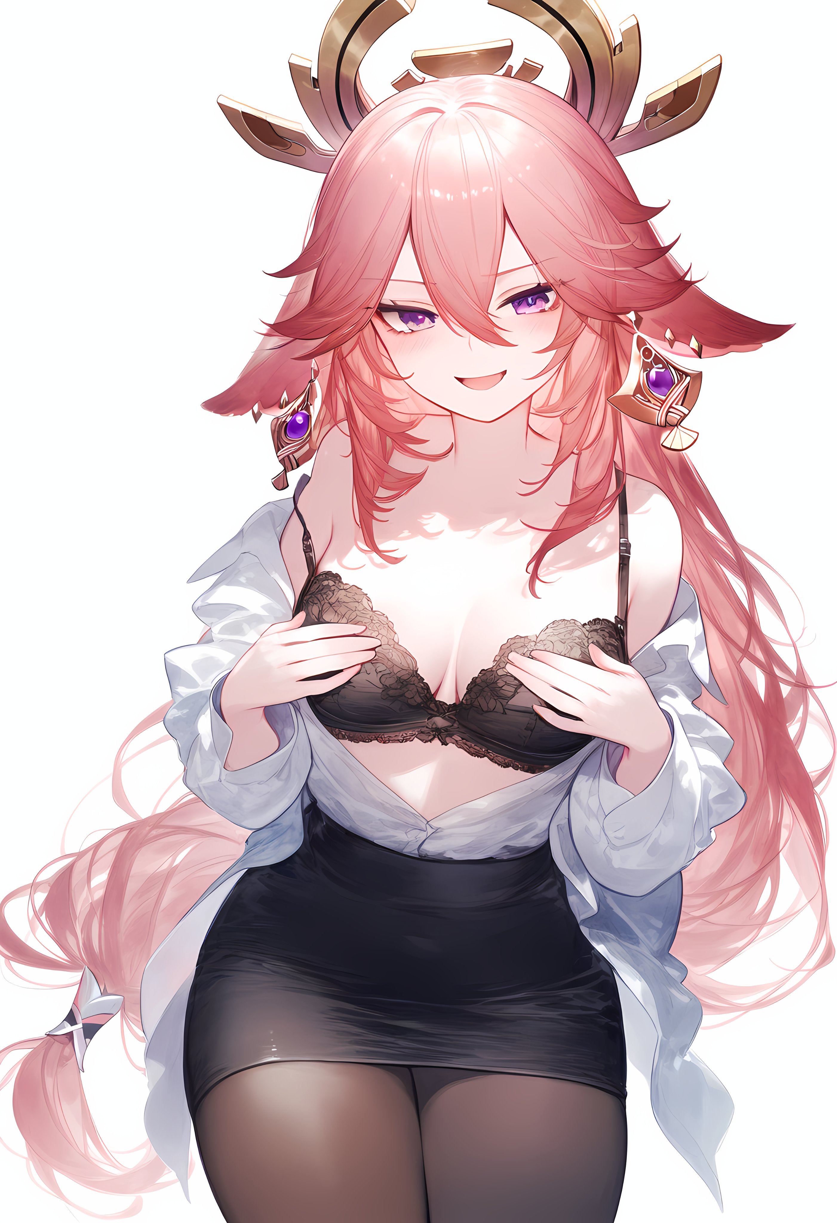 ai generated, ass, blush, breasts, earrings, female, furry ears, genshin impact, hair ornament, hoyoverse, long hair, looking at viewer, medium breasts, necklace, pantyhose, pantyhose down, pink hair, purple eyes, setsuaiart, shirt down, shirt removed, sitting, skirt, skirt up, slim waist, smiling at viewer, thick thighs, wide hips, yae miko