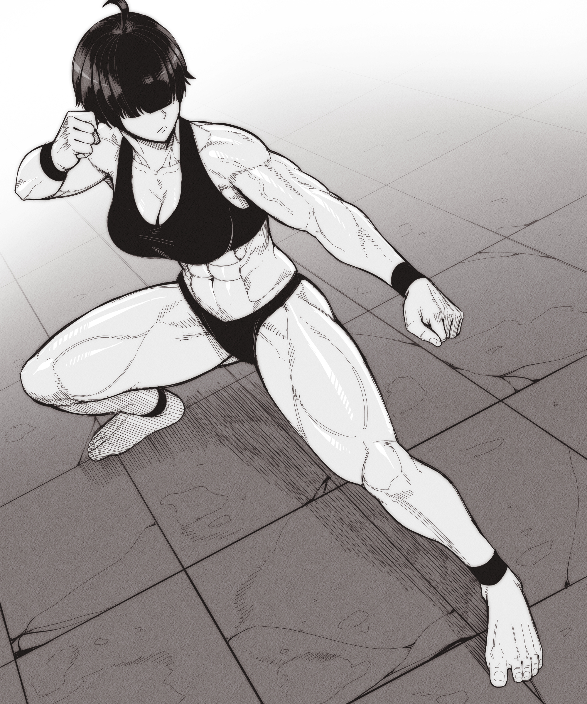 1girls, abs, bare arms, bare legs, bare shoulders, bare thighs, big breasts, black hair, breasts, clothed, clothing, color, covered eyes, feet, female, female focus, female only, fighting stance, fit, fit female, hi res, large breasts, light skin, light-skinned female, muscles, muscular, muscular arms, muscular female, muscular legs, muscular thighs, original, original character, pose, short hair, solo, solo female, speedl00ver, tagme, thick thighs, tomboy, veins