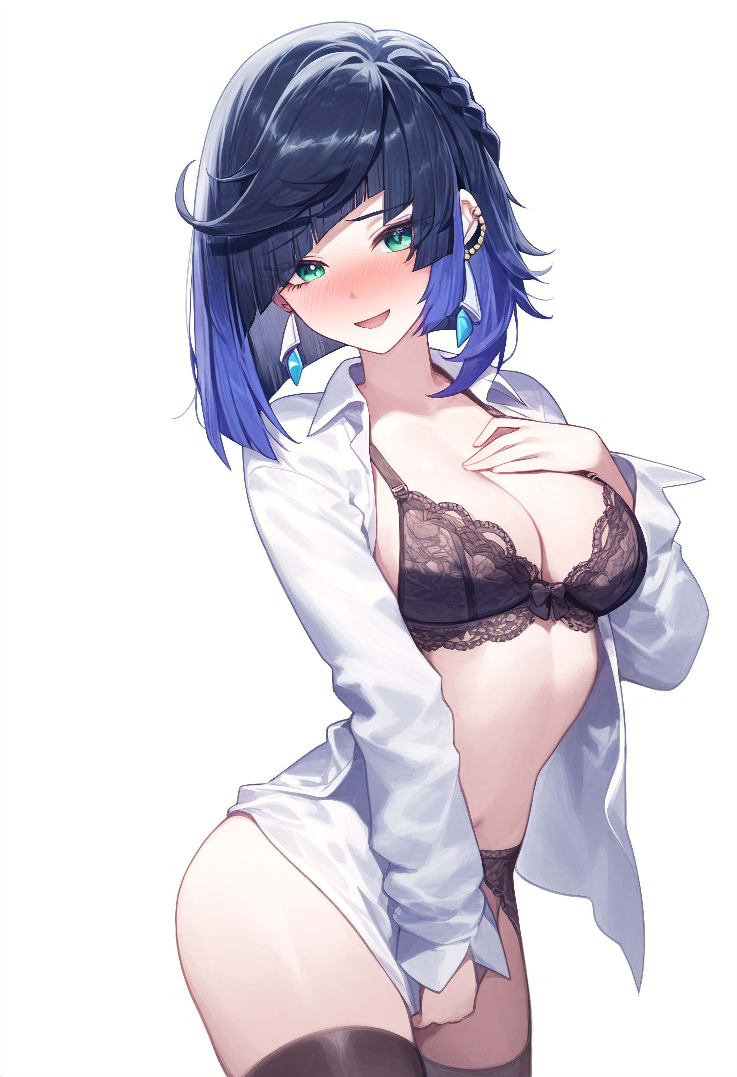 ai generated, ass out, belly button, black hair, blue eyes, blue hair, blush, bob cut, breasts, earrings, female, genshin impact, hoyoverse, leaning forward, lingerie, lingerie only, medium breasts, open shirt, setsuaiart, slim waist, smile, smiling, smiling at viewer, thigh highs, thighhighs, three-quarter view, two-tone hair, wide hips, yelan (genshin impact)