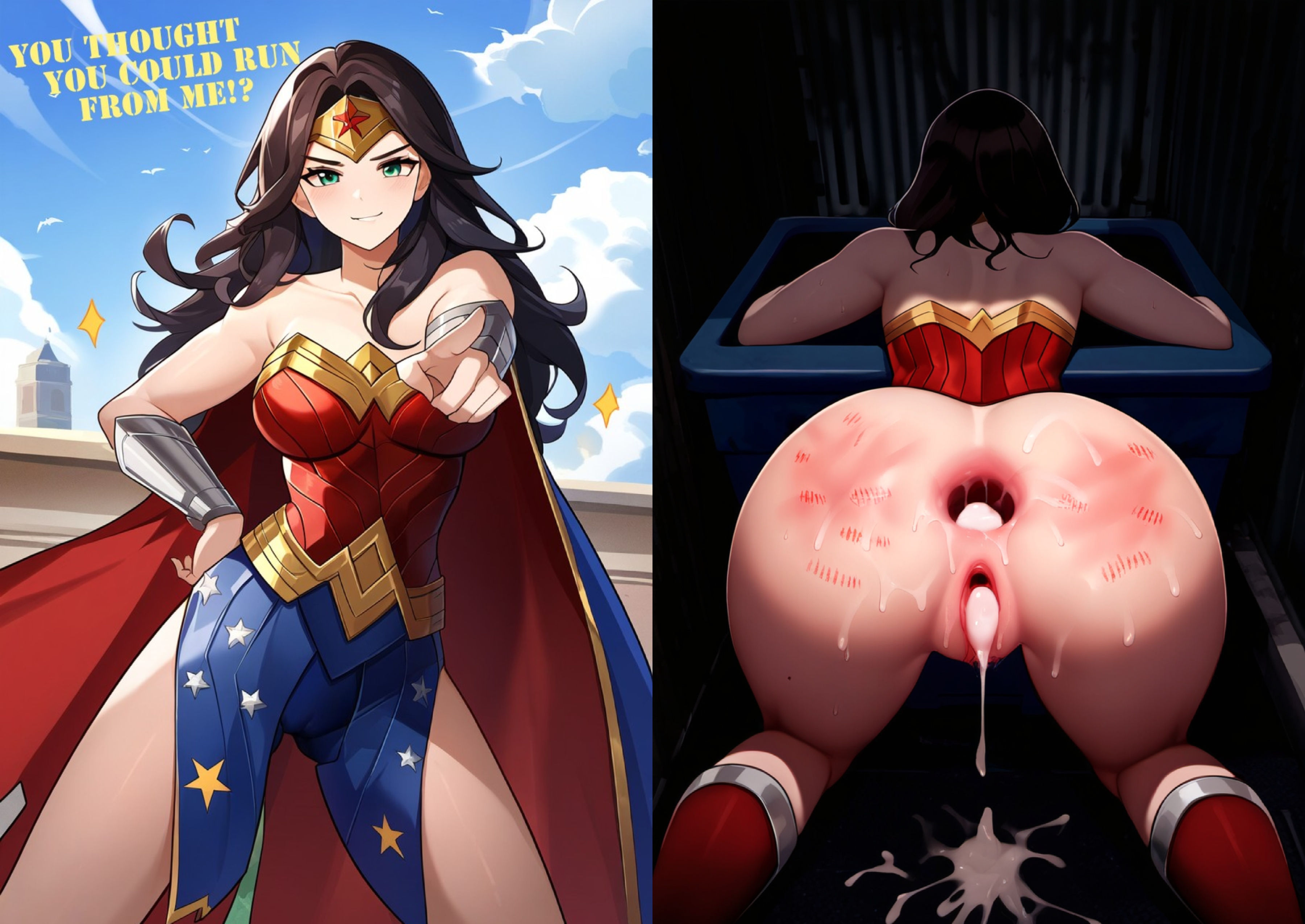 after anal, after rape, after sex, after vaginal, ai generated, ass, before and after, before sex, cum in ass, cum in asshole, cum in pussy, dc, dc comics, defeated, defeated heroine, dripping cum, female, gaping anus, instant loss, instant loss 2koma, multiple images, pussy, rape, spanked butt, text, wonder woman