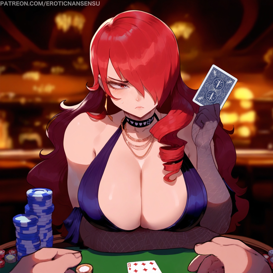 1girls, ai assisted, ai generated, atlus, big breasts, breast focus, breasts, casino, choker, cleavage, curvy, dress, drill hair, earrings, erotic nansensu, female, fishnet armwear, fishnets, furrowed brow, hair over one eye, huge breasts, long hair, male, mitsuru kirijo, necklace, partial male, patreon username, persona, persona 3, playing card, pov, red eyes, red hair, table, wavy hair