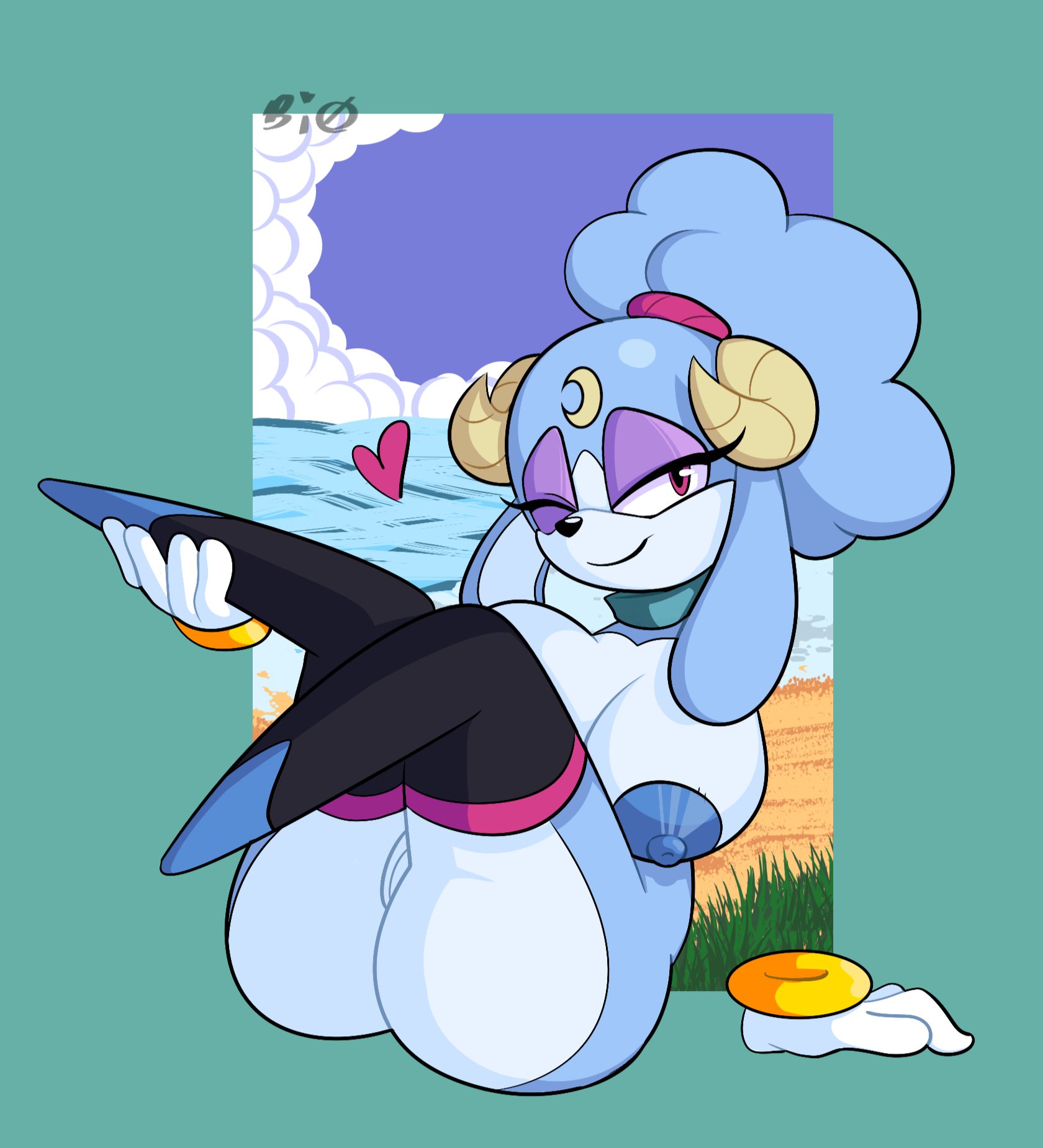 2024, ariem, ass, beach, big breasts, biomadders, blue fur, blue hair, blue nipples, breasts, collar, eyelashes, eyeshadow, female, female only, gloves, heart, horn, huge ass, huge breasts, huge thighs, nipples, no arms, nude, nude female, poofy hair, purple eyeshadow, pussy, red eyes, sheep, solo, solo female, sonic (series), sonic the hedgehog (series), thick thighs, thighhighs, white fur, wink, winking at viewer