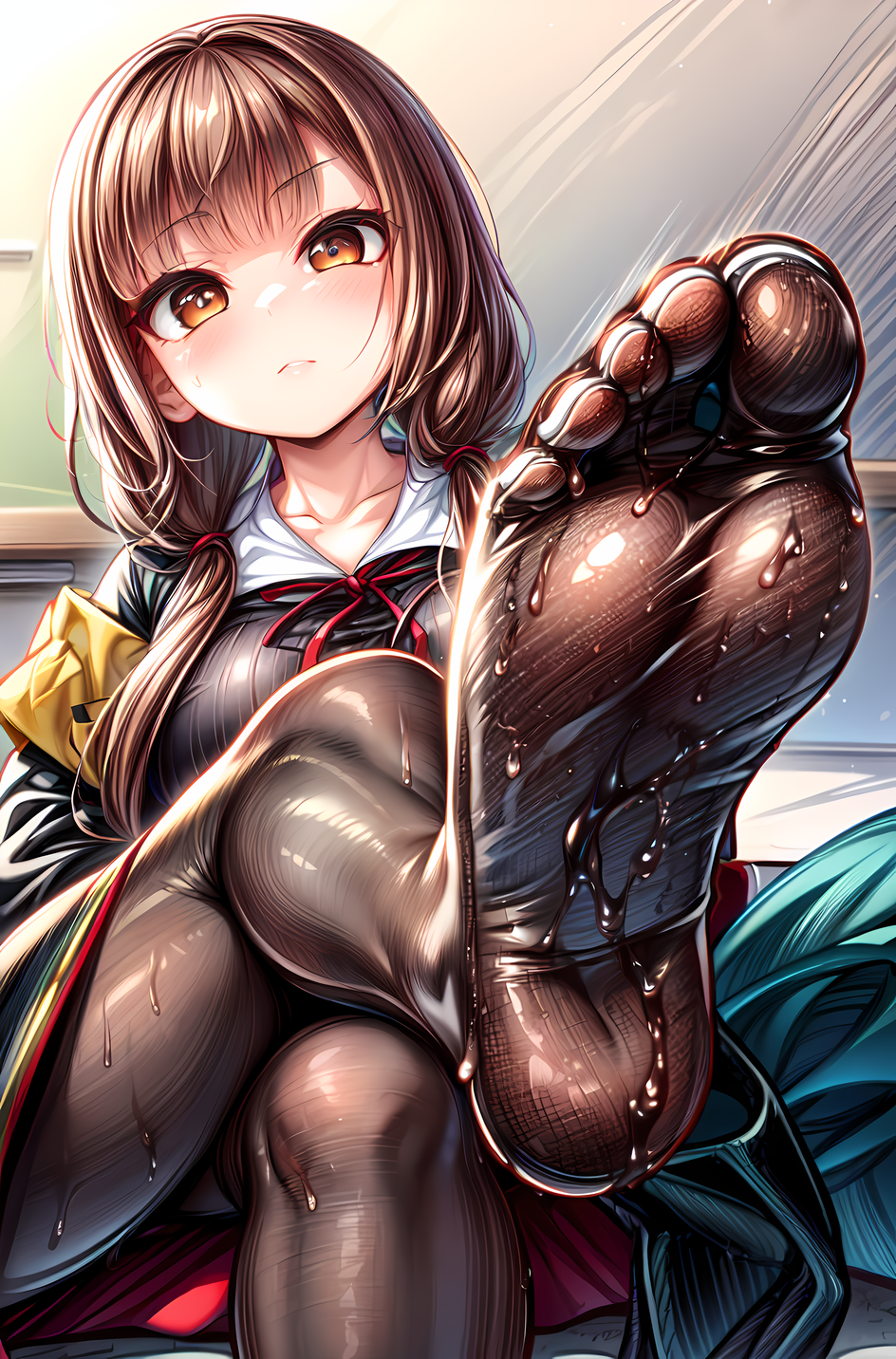 1girls 5_toes ai_generated big_breasts black_legwear blush breasts brown_eyes brown_hair crossed_legs feet feet_together female female_only foopanthia foot_fetish foot_focus hi_res iino_miko kaguya-sama_wa_kokurasetai_~tensai-tachi_no_renai_zunousen~ legs legwear long_hair looking_down pantyhose presenting presenting_feet schoolgirl sole_female soles sweat sweatdrop sweating sweaty tease teasing thick_thighs thighs twintails wet