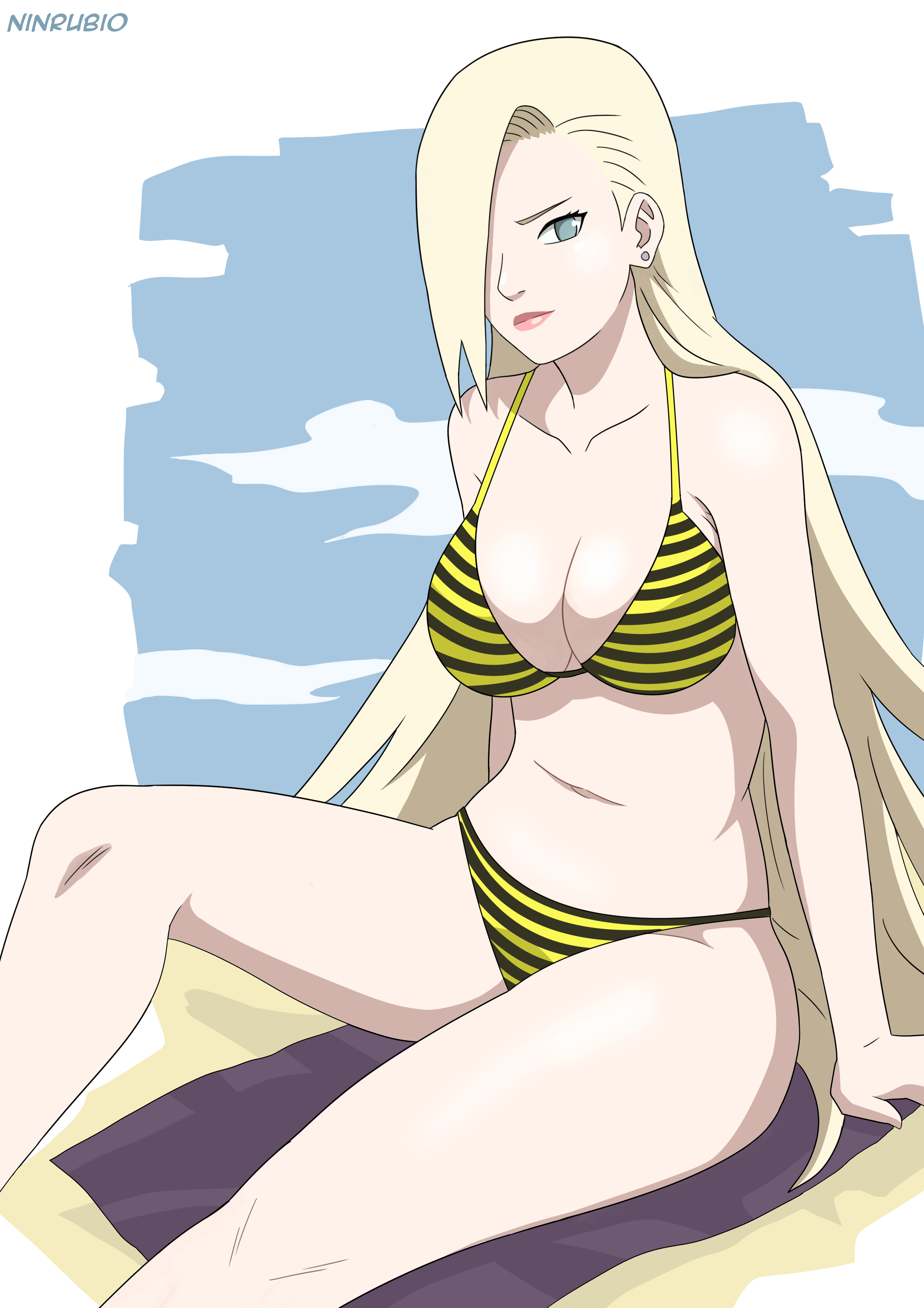 1girls, aqua eyes, beach, beach towel, big breasts, bikini, blonde hair, blue eyes, breasts, cleavage, clothed, clothed female, clothes, clothing, female, female only, fully clothed, hair over one eye, ino yamanaka, light blue eyes, lips, long hair, looking at viewer, makeup, midriff, naruto, naruto (series), naruto shippuden, naruto: the last, ninrubio, sitting, smile, solo, solo focus, striped bikini, swimsuit, towel, very long hair, yellow bikini