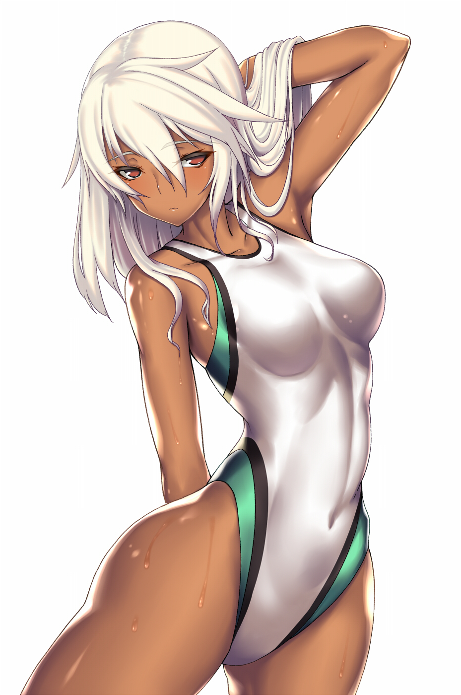 athletic, athletic female, breasts, female, guilty gear, looking at viewer, one-piece swimsuit, ramlethal valentine, red eyes, thick thighs, white hair, wide hips