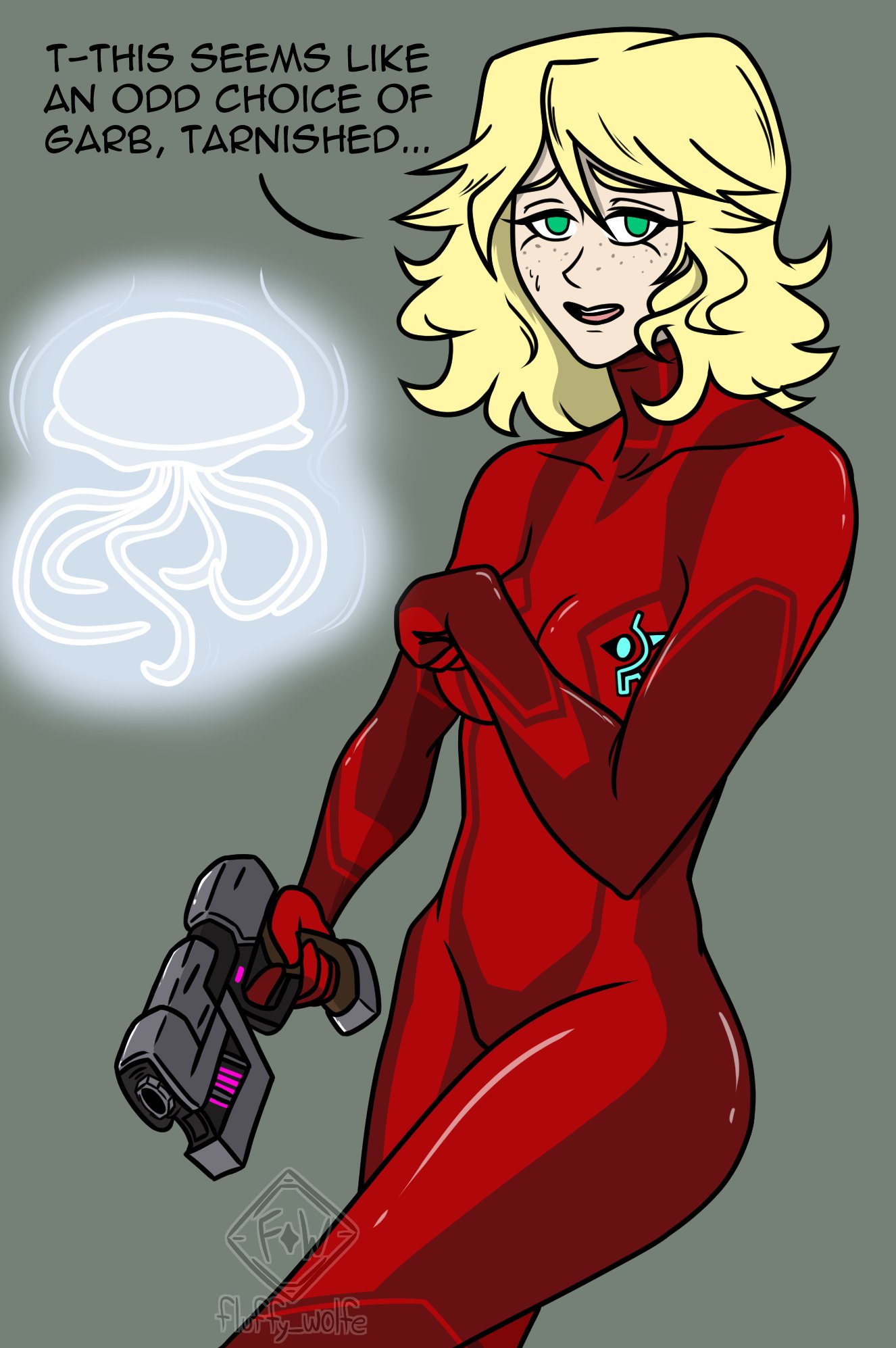 2d 2girls aurelia_(elden_ring) blonde_hair bodysuit breasts catsuit cleavage elden_ring female female_only fluffyw0lf fromsoftware metroid red_bodysuit roderika_(elden_ring) spirit_jellyfish text tight_clothing zero_suit zero_suit_samus_(cosplay)