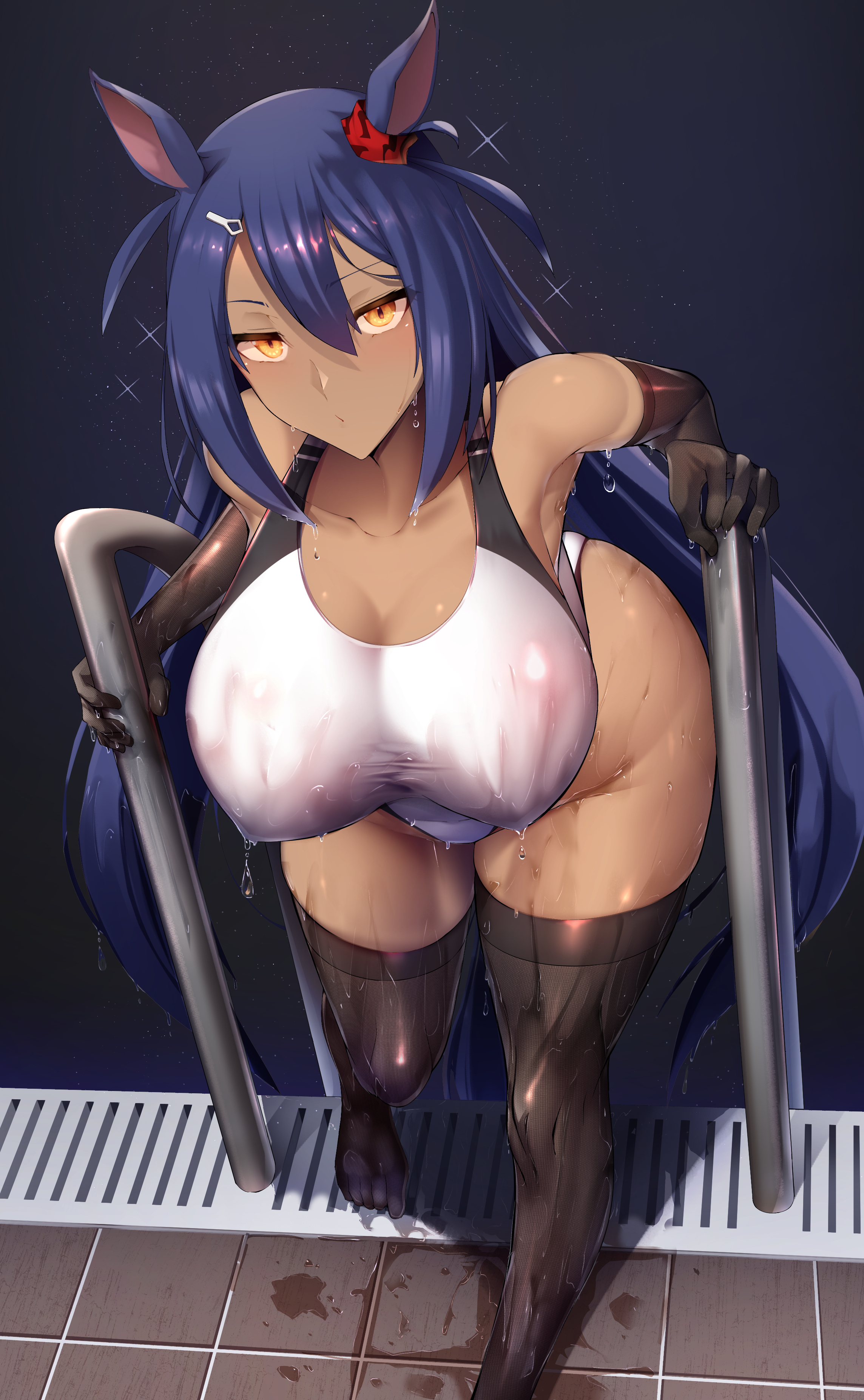 1girls, 2022, absurdres, animal ears, bare shoulders, bigshine000, black background, black gloves, black legwear, blue hair, blush, breasts, cleavage, closed mouth, collarbone, competition swimsuit, dark skin, dark-skinned female, elbow gloves, female, female focus, female only, foot out of frame, getting out of pool, gloves, hair between eyes, hair ornament, hairclip, highres, hishi amazon (umamusume), horse ears, horse girl, large breasts, long hair, looking at viewer, mole, mole on breast, one-piece swimsuit, pool ladder, sidelocks, solo, solo female, swimsuit, thighhighs, thighs, umamusume, wet, white swimsuit, yellow eyes