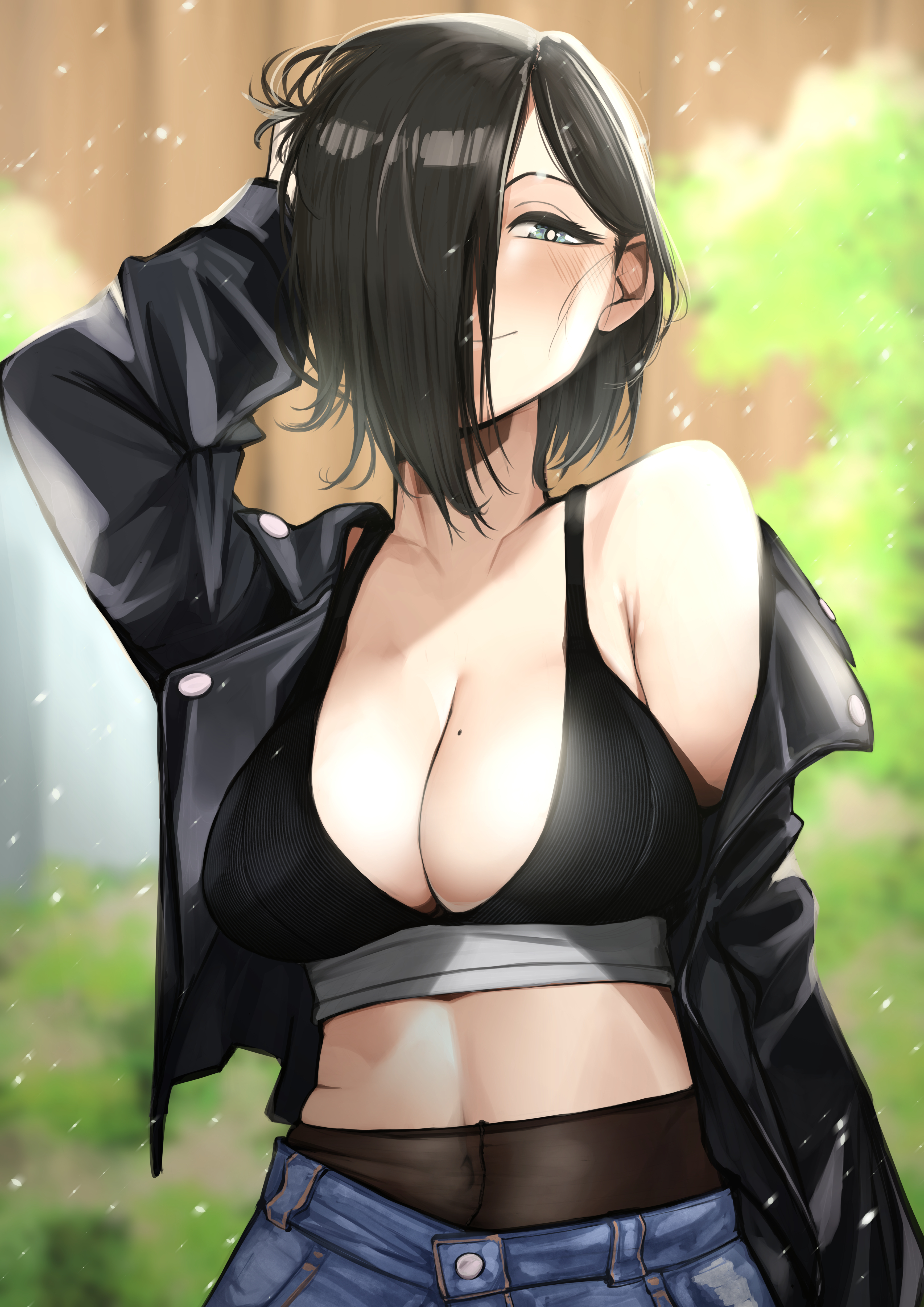 1girls, 2022, absurdres, black hair, black jacket, black legwear, blue eyes, blush, breasts, cleavage, closed mouth, covered navel, ear blush, emo, female, female focus, female only, fringe, hair over one eye, hand in own hair, heterochromia, highres, jacket, kamura (rain prophet), large breasts, light skin, light-skinned female, looking at viewer, midriff, mole, mole on breast, navel, off shoulder, open clothes, open jacket, original, pale skin, pale-skinned female, pantyhose, petite, pupi, rain prophet, seductive look, see-through legwear, short hair, smile, solo, solo female, upper body