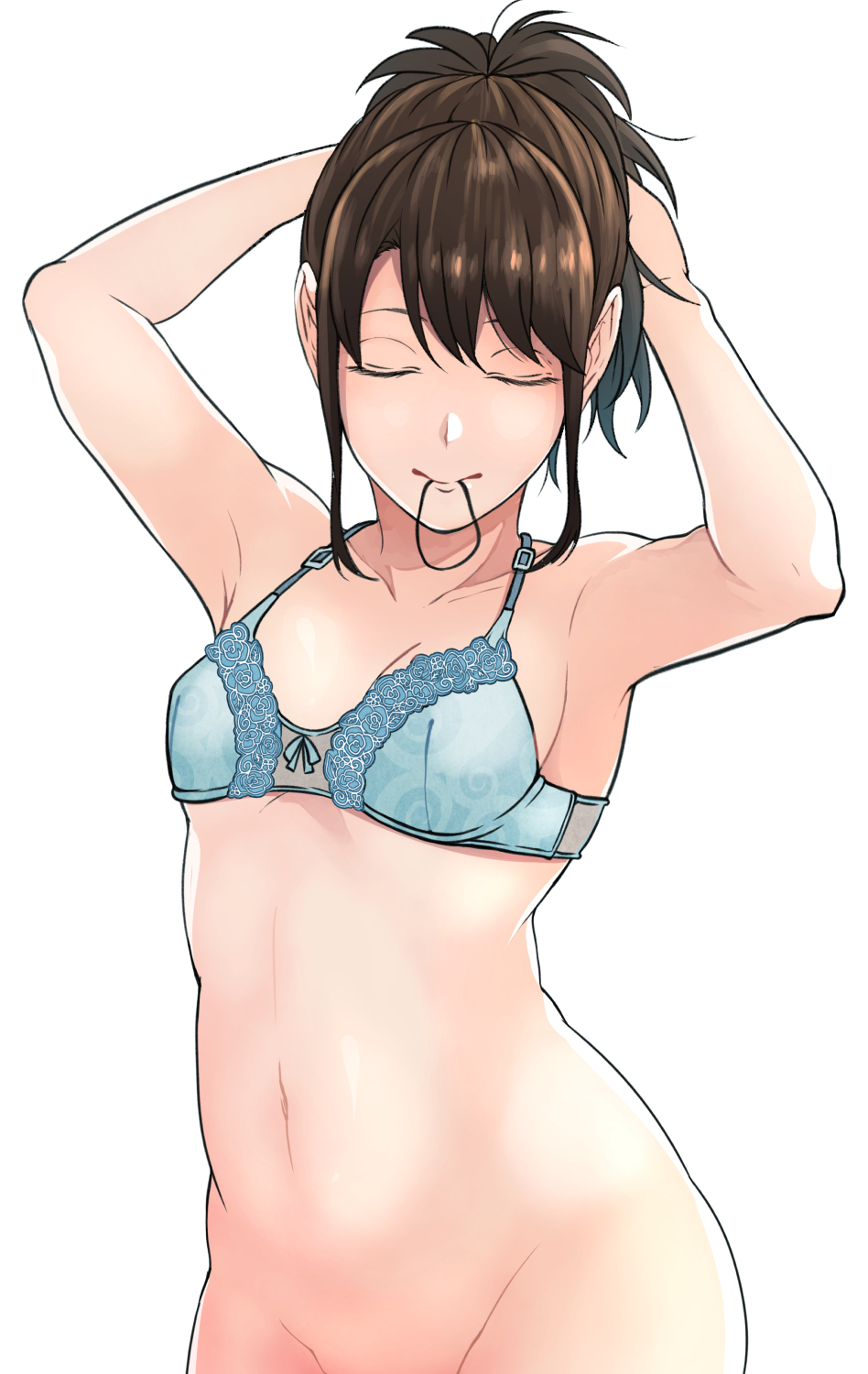 armpits arms_up blue_bra bottomless bra brown_hair closed_eyes female female_only gintama hands_on_head kobaji lace-trimmed_bra ponytail shimura_tae small_breasts solo tying_hair