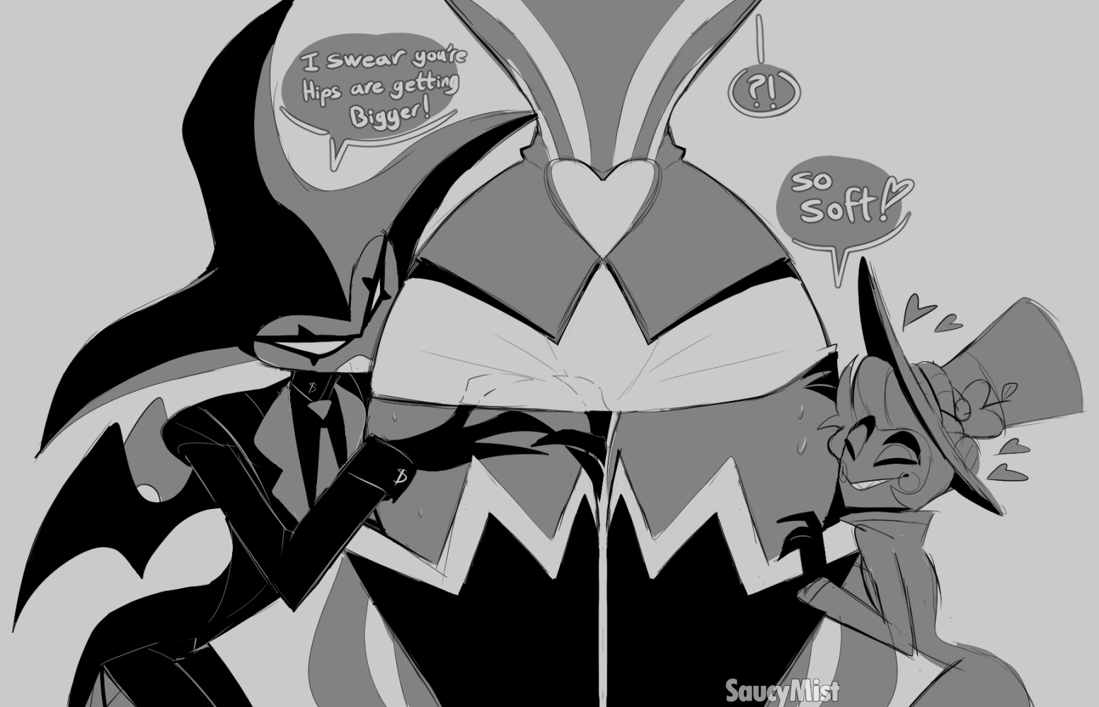 asmodeus (helluva boss), clothed, demon, gay, hand on thigh, hazbin hotel, helluva boss, lucifer morningstar (hazbin hotel), male, male only, male/male, mammon (helluva boss), saucymist, size difference, smooth skin, text, thighhighs, thighs, vivienne medrano, wide hips, yaoi