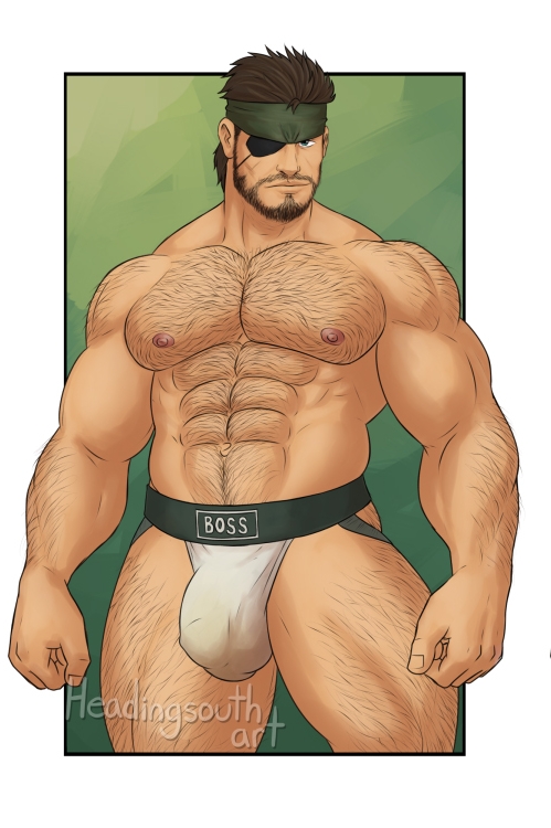 balls, bara, bulge, eyepatch, gay, hairy, headband, headingsouth, jockstrap, jockstrap only, konami, male, male only, metal gear solid, muscles, muscular, penis, solid snake, solo, solo male, underwear, underwear only, yaoi