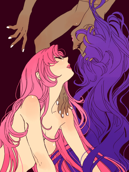 2girls anthy_himemiya artist_request breasts canon_couple couple dark-skinned_female dark_skin eyelashes female female_only human light-skinned_female light_skin lipstick long_hair makeup multiple_girls nail_polish nude pink_hair purple_hair revolutionary_girl_utena short_hair utena_tenjou very_long_hair yuri