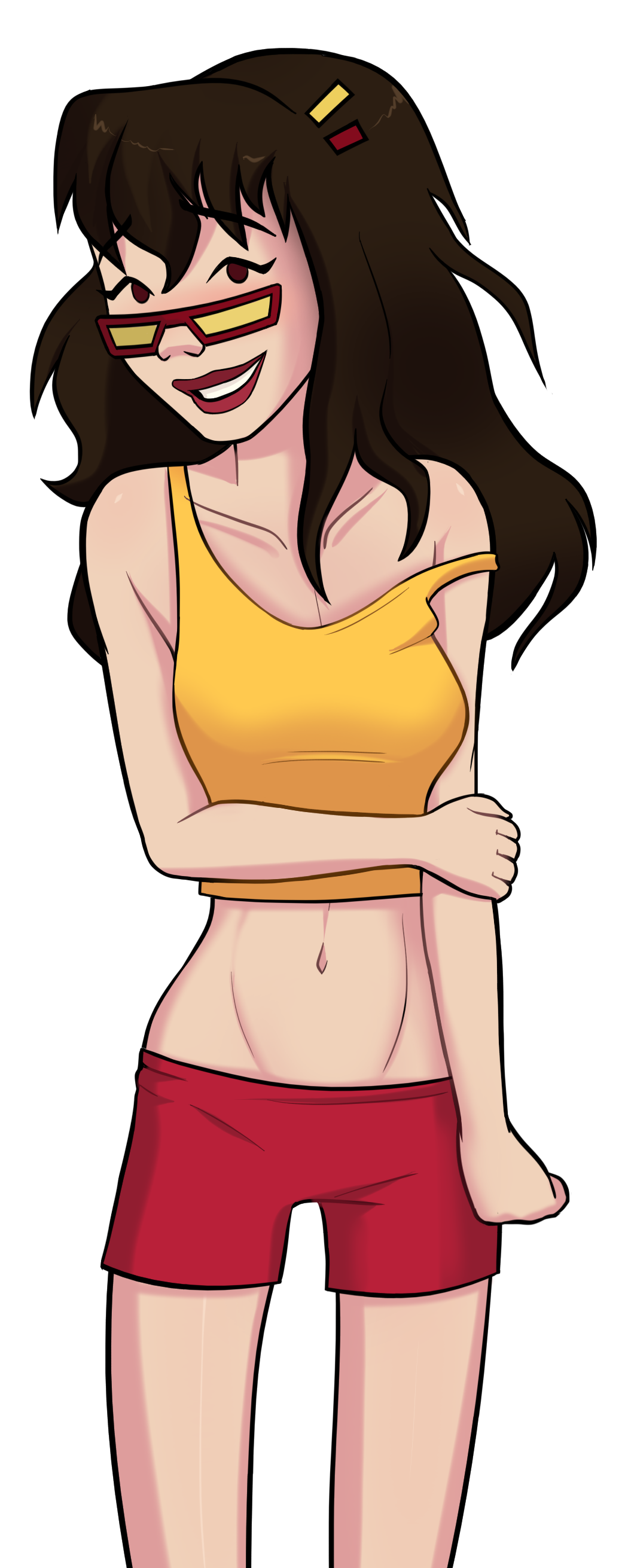 2022 brown_hair female female_focus female_only glasses hot_dog_water marcie_fleach midriff mystery_inc red_lips red_shorts relatedguy scooby-doo shorts smiling smiling_at_viewer tank_top transparent_background yellow_tank_top