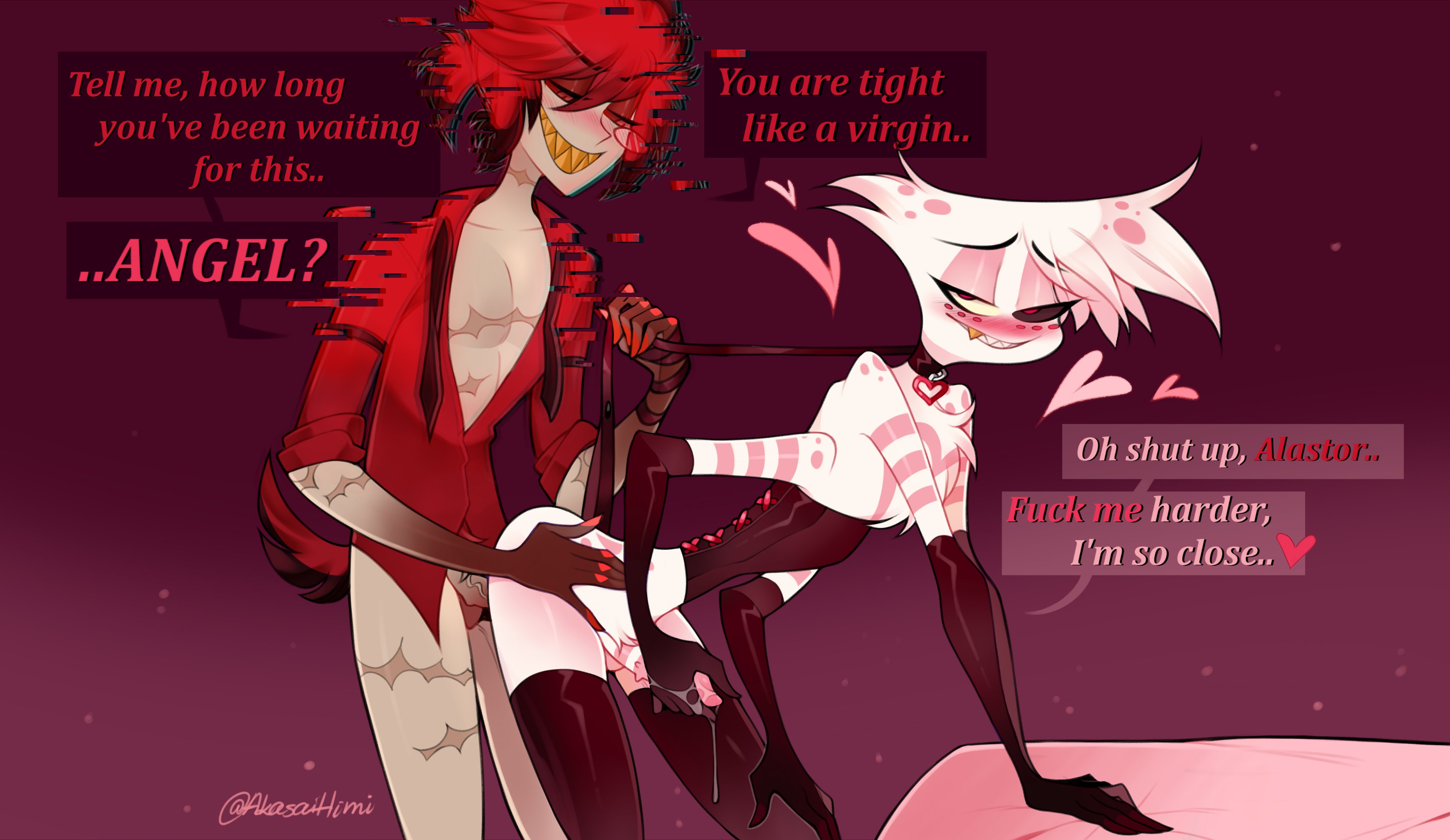 2boys, aki lewdss, alastor (hazbin hotel), anal, anal sex, angel dust (hazbin hotel), arachnid, bent over, blush, chest tuft, choker, collar, corset, deer, demon, erection, femboy, from behind, gay, gloves, hazbin hotel, leash, looking pleasured, male, male only, male/male, naked, nude, penis, sharp teeth, shirt, smile, smiling, spider, standing, text, thighhighs, thighs, vivienne medrano, yaoi