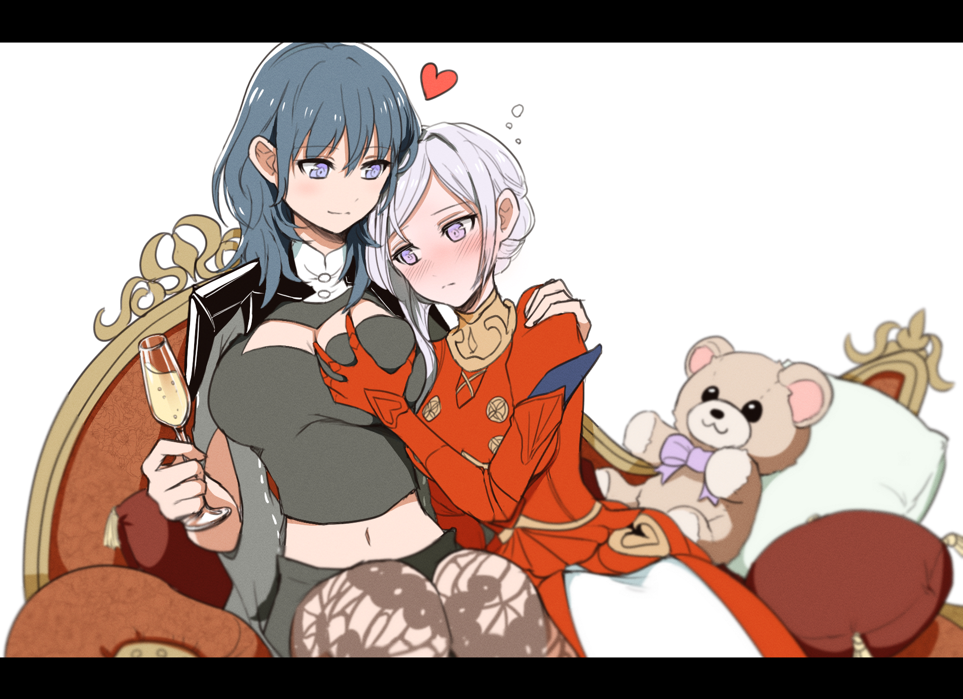 2girls, bangs, belly button, blue eyes, blue hair, blurry, blush, breast grab, breasts, brown legwear, byleth (fire emblem), byleth (fire emblem) (female), cape, cleavage, cleavage cutout, closed mouth, clothing cutout, couch, cup, depth of field, dress, drink, drinking glass, edelgard von hresvelg, elbow gloves, eyebrows visible through hair, female, female only, fire emblem, fire emblem: three houses, fr0zennnnnnet, gloves, grabbing, hand on another's shoulder, heart, highres, holding, holding cup, hug, human, large breasts, leggings, long hair, looking at another, looking at breasts, looking down, medium hair, midriff, multiple females, multiple girls, navel, nieto tokage, nintendo, pantyhose, parted bangs, patterned legwear, pillow, post-timeskip, print legwear, purple eyes, red dress, red gloves, short hair, side ponytail, silver hair, simple background, sitting, smile, stuffed animal, stuffed toy, symbol-only commentary, teal hair, teddy bear, white background, wine glass, yuri