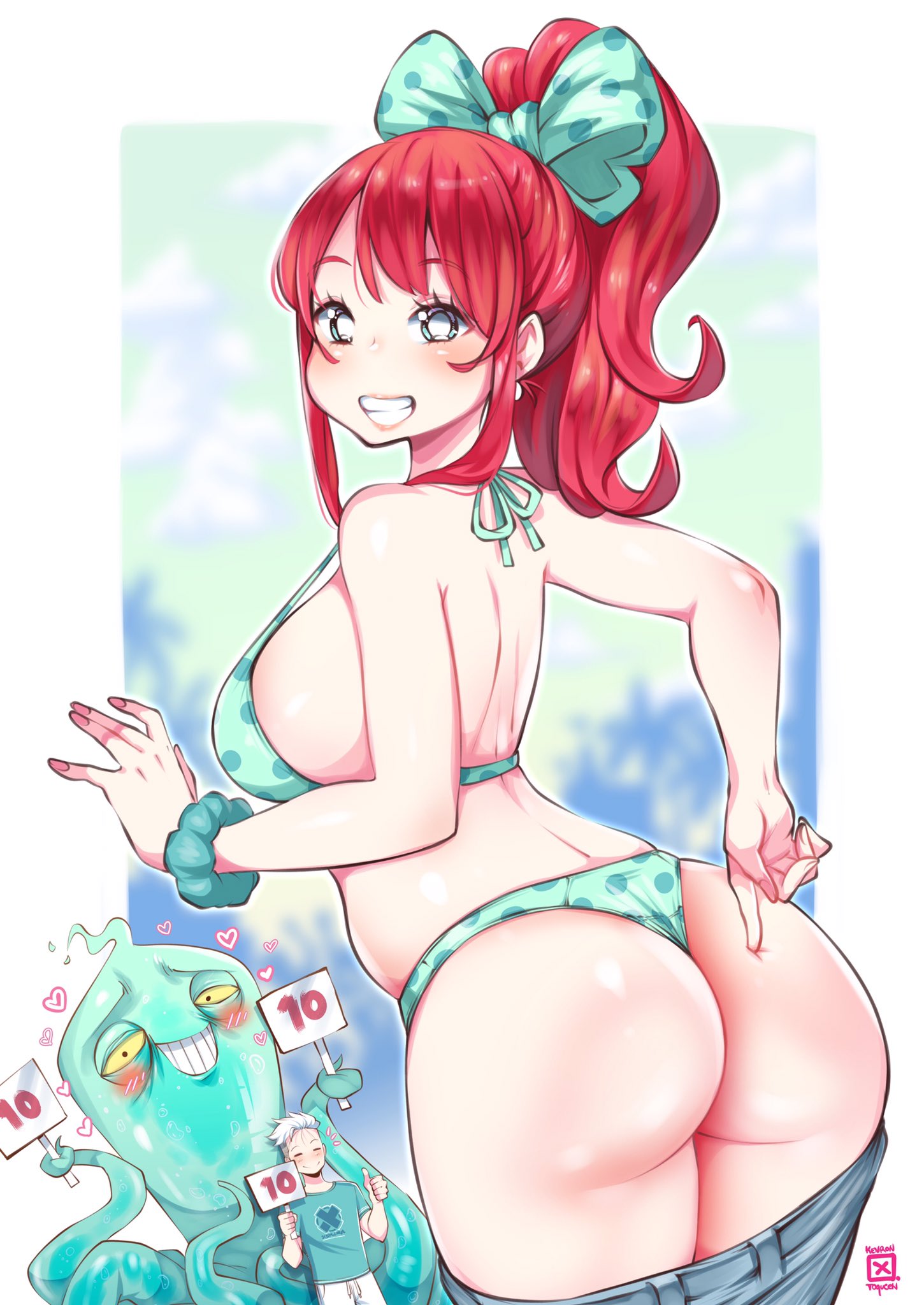 1girls 2022 ass bikini blue_eyes blush breasts bubble_butt female hips kenron_toqueen large_ass large_breasts long_hair octoosr original original_character pants_down polka_dot_bikini ponytail red_hair sideboob slim_waist smile thick_thighs thighs tomatita wide_hips