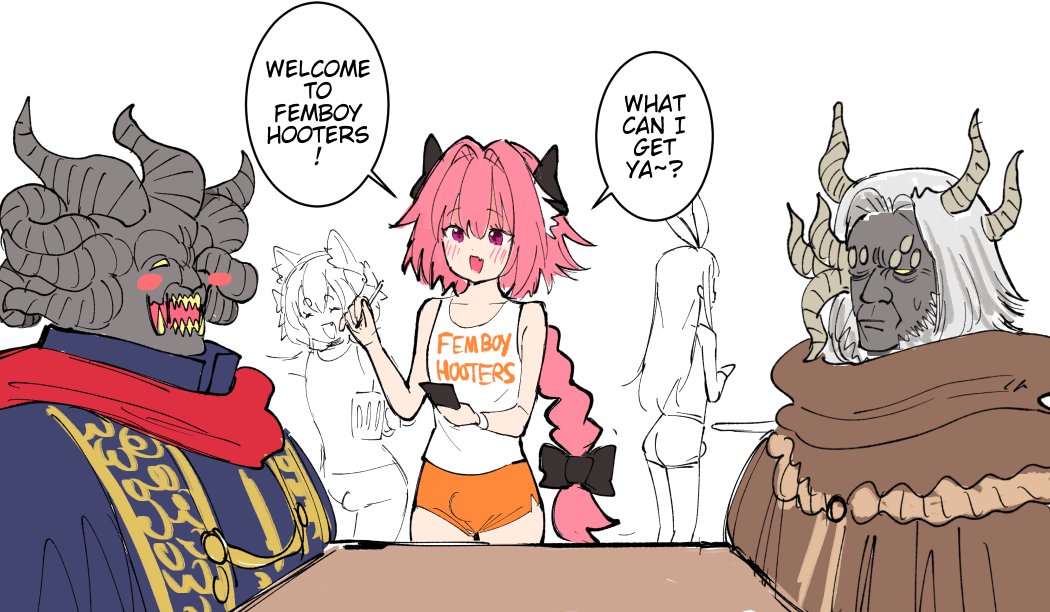 2022 2d 5boys ass astolfo_(fate) blend_s bulge bulge_through_clothing crossover cute elden_ring fate/grand_order fate_(series) felix_argyle femboy femboy_hooters fromsoftware funny hooters horns humor kanzaki_hideri male_only meme mohg_lord_of_blood morgott_the_omen_king re:zero_kara_hajimeru_isekai_seikatsu short_shorts shorts text voc_(artist) wholesome