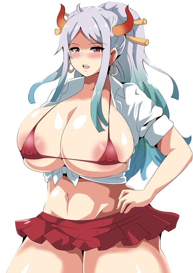 1girls, areolae, big breasts, blue hair, blush, breasts, brown eyes, cielr18, clothed, clothing, curvy, ear piercing, earrings, female, female focus, female only, gradient hair, green hair, hair ornament, hand on hip, hi res, highres, hoop earrings, horned humanoid, horns, huge breasts, humanoid, large breasts, light skin, light-skinned female, long hair, looking at viewer, miniskirt, multicolored hair, navel, one piece, oni, oni horns, open clothes, open mouth, open shirt, red bikini, red eyes, red horns, red underwear, revealing clothes, school uniform, shiny skin, simple background, skirt, solo, thick thighs, two-tone hair, voluptuous, white background, white hair, white-haired female, wide hips, yamato (one piece)