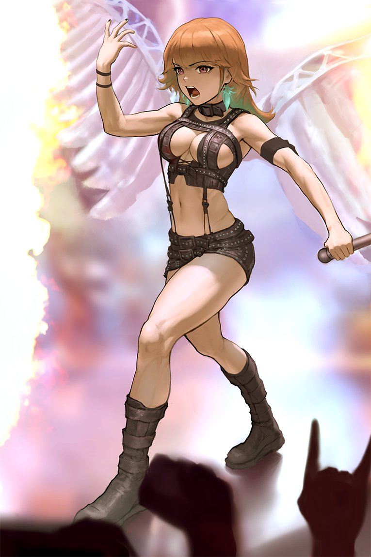 1girls armband belt big_breasts boots breasts cleavage collar earrings feather_earrings female female_focus female_only fit fit_female hololive hololive_english hololive_myth infi_mt leather microphone orange_eyes orange_hair performance performing revealing_clothes shorts singing solo solo_female solo_focus stage takanashi_kiara thighs virtual_youtuber wings youtube youtuber